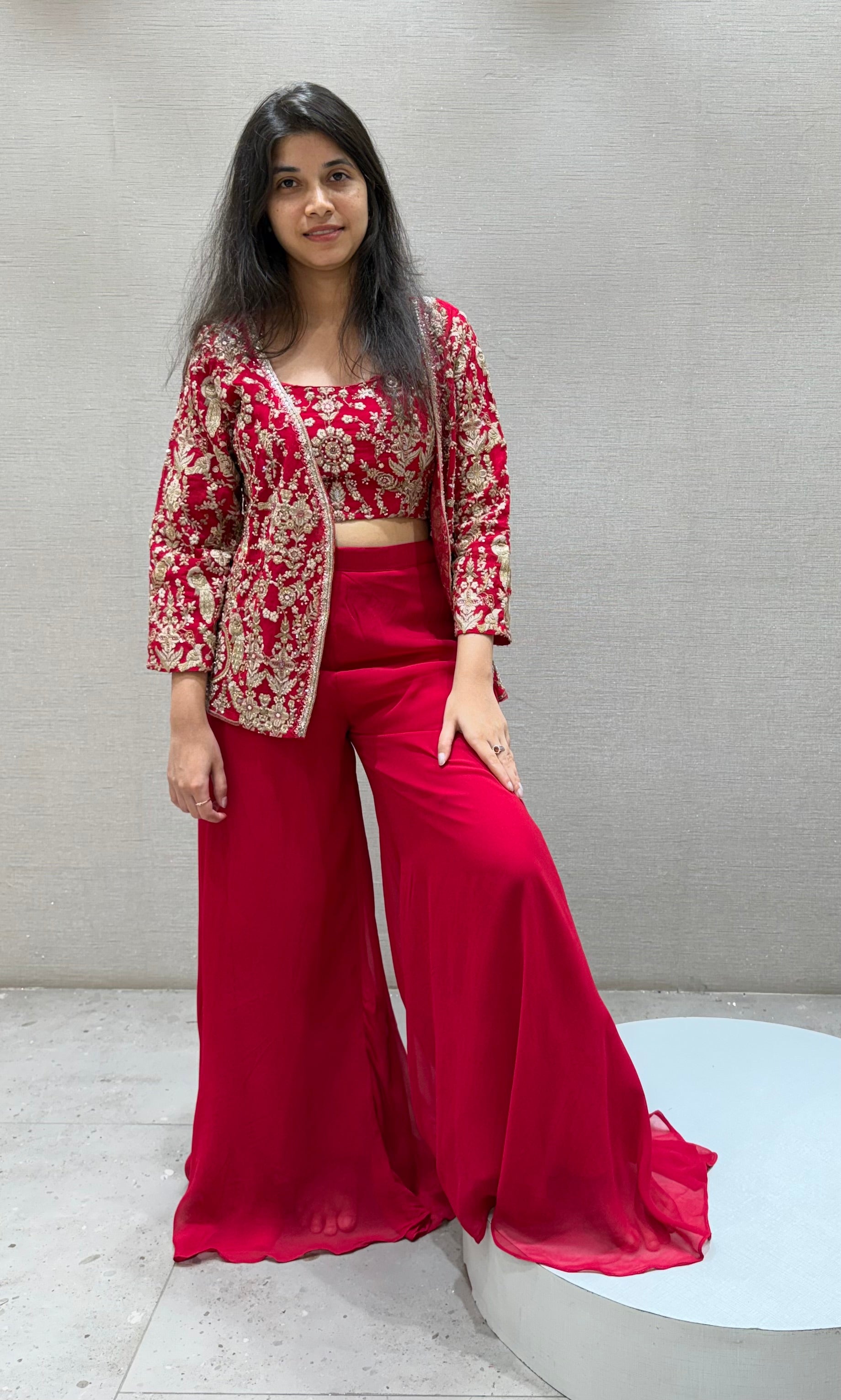 Red EMBROIDERED PALAZZO SET WITH JACKET