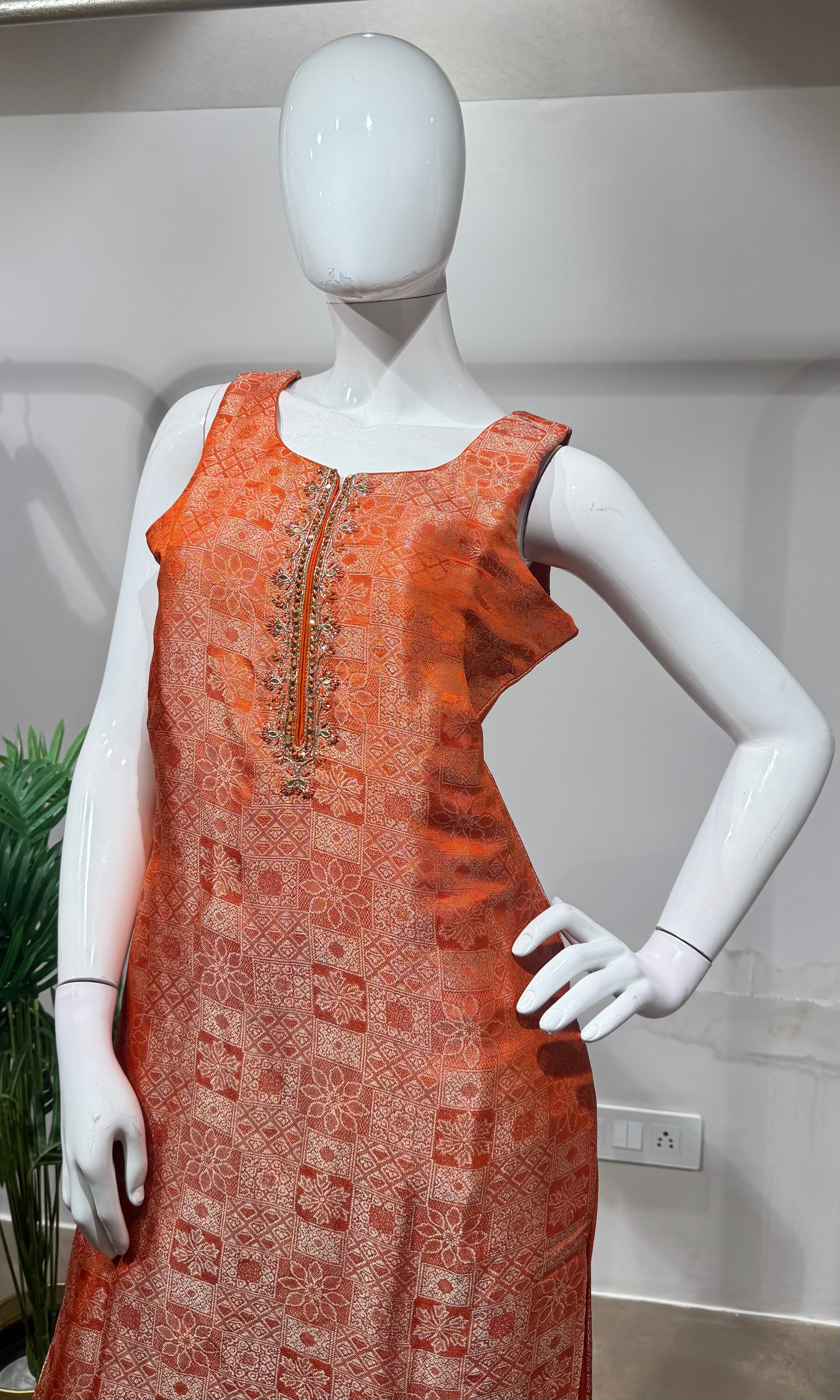 Orange banarasi silk kurta set