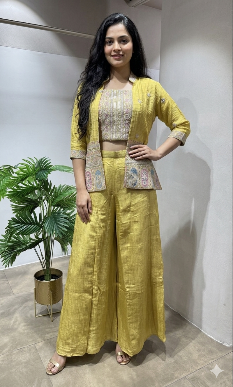 Yellow palazzo with crop top and jacket