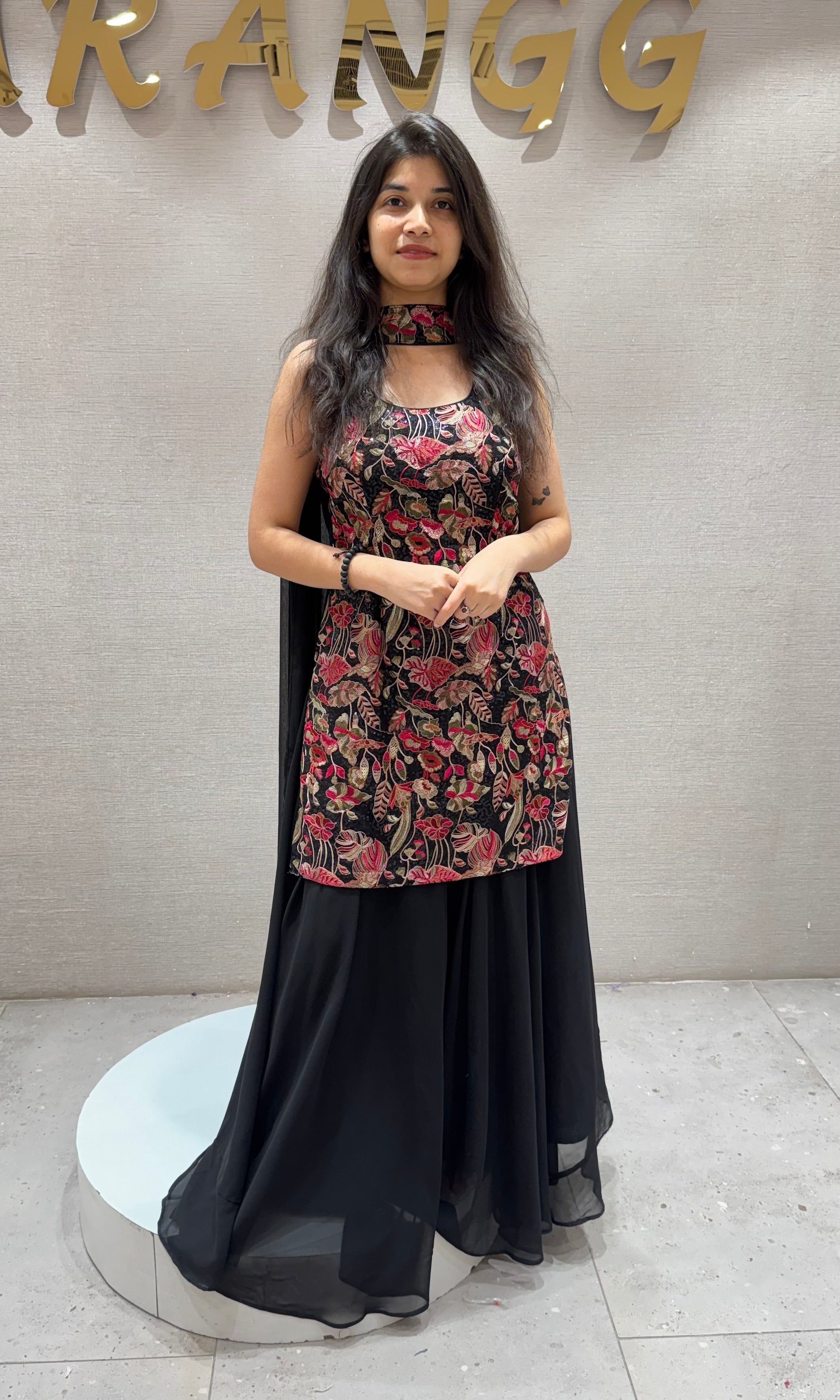 Black FLORAL EMBROIDERED SHARARA SET