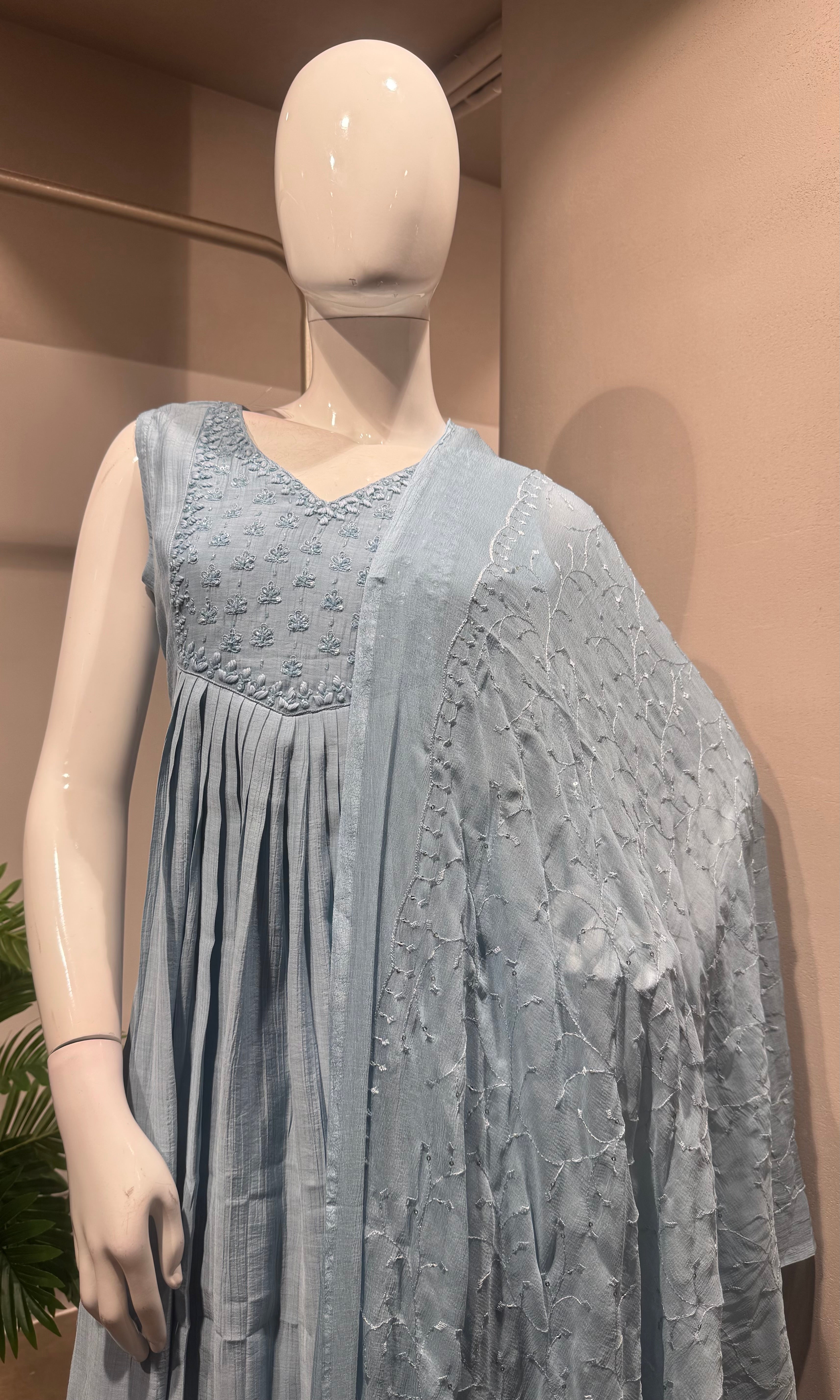 blue embroidered anarkali kurta set