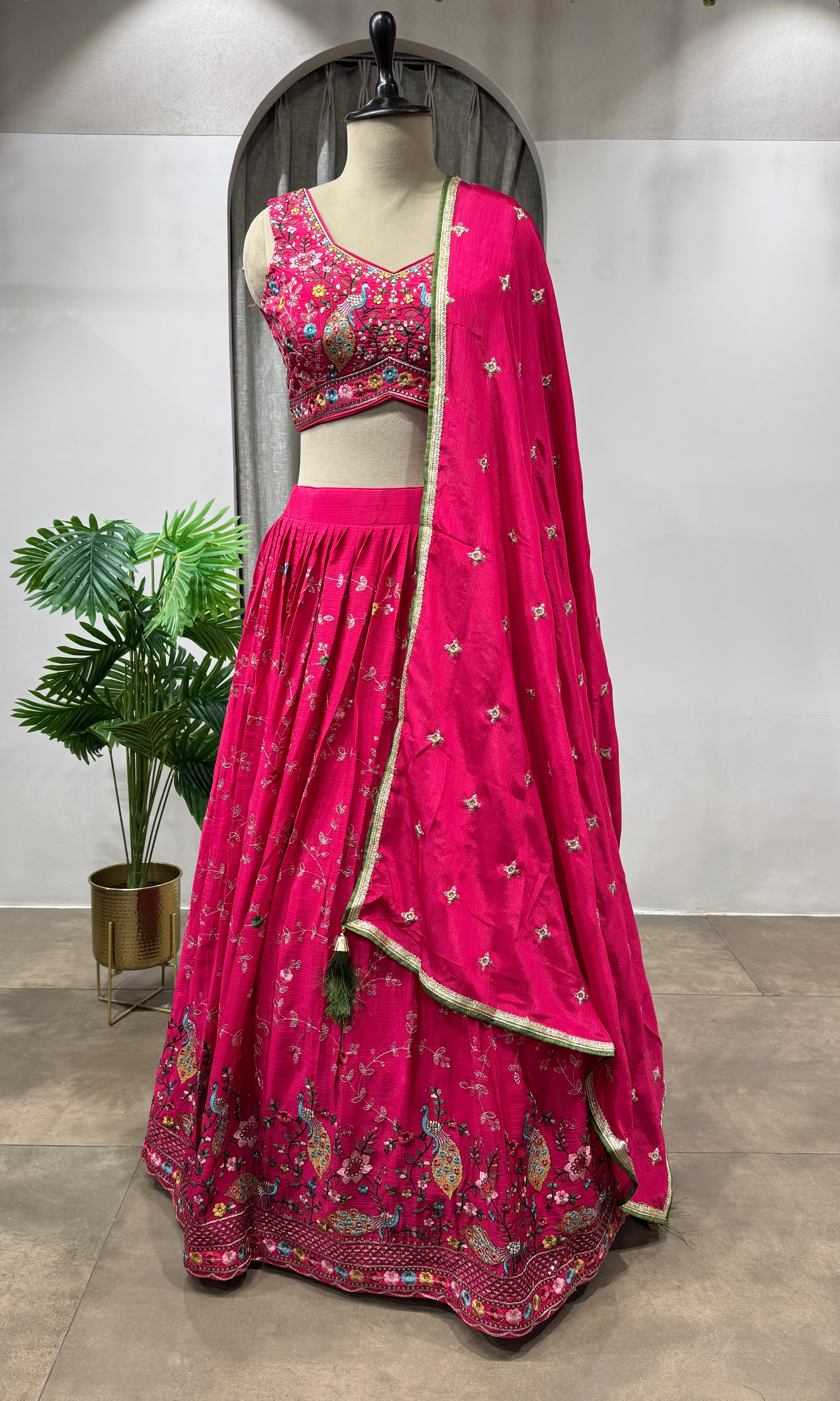 Fuchsia pink floral embroidered Lehenga set