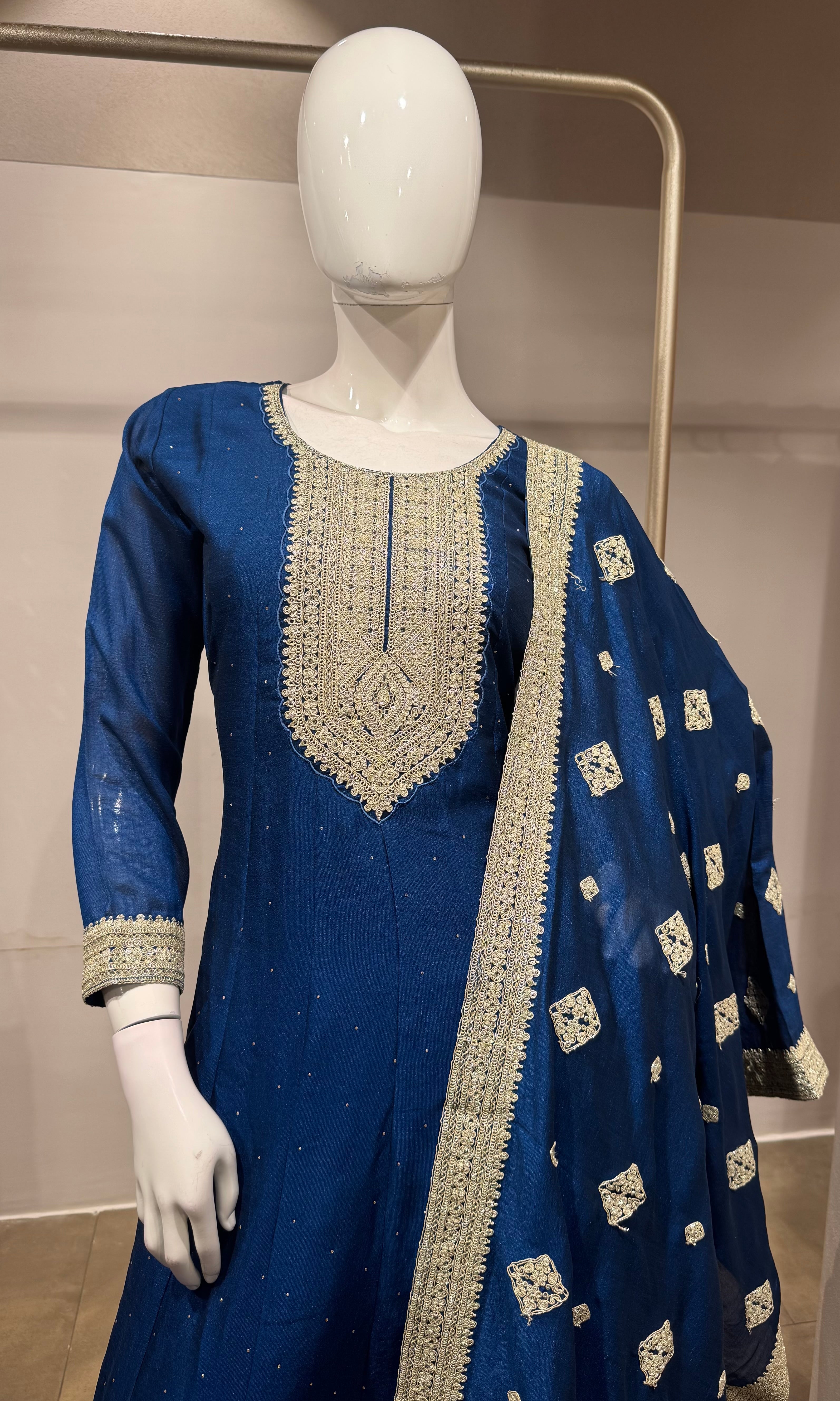 Navy Blue Embroidered Silk Kurta Set