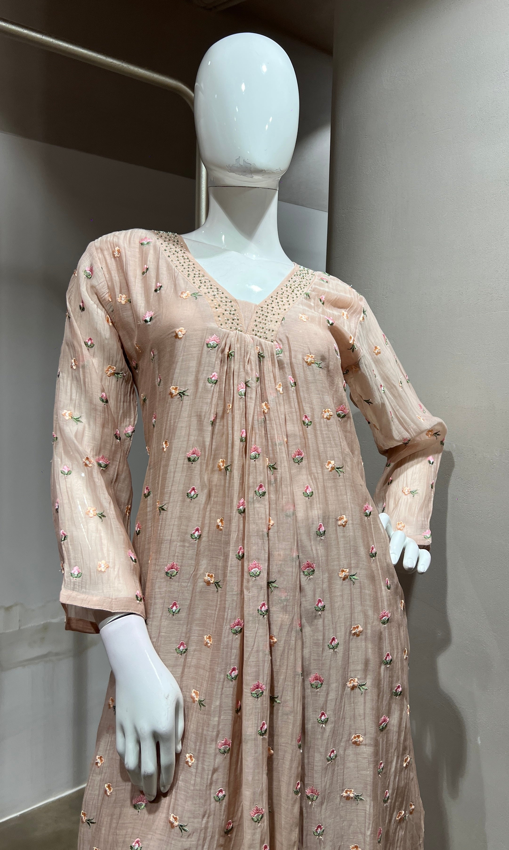 Peach Embroidered A-Line Kurta Set with Dupatta
