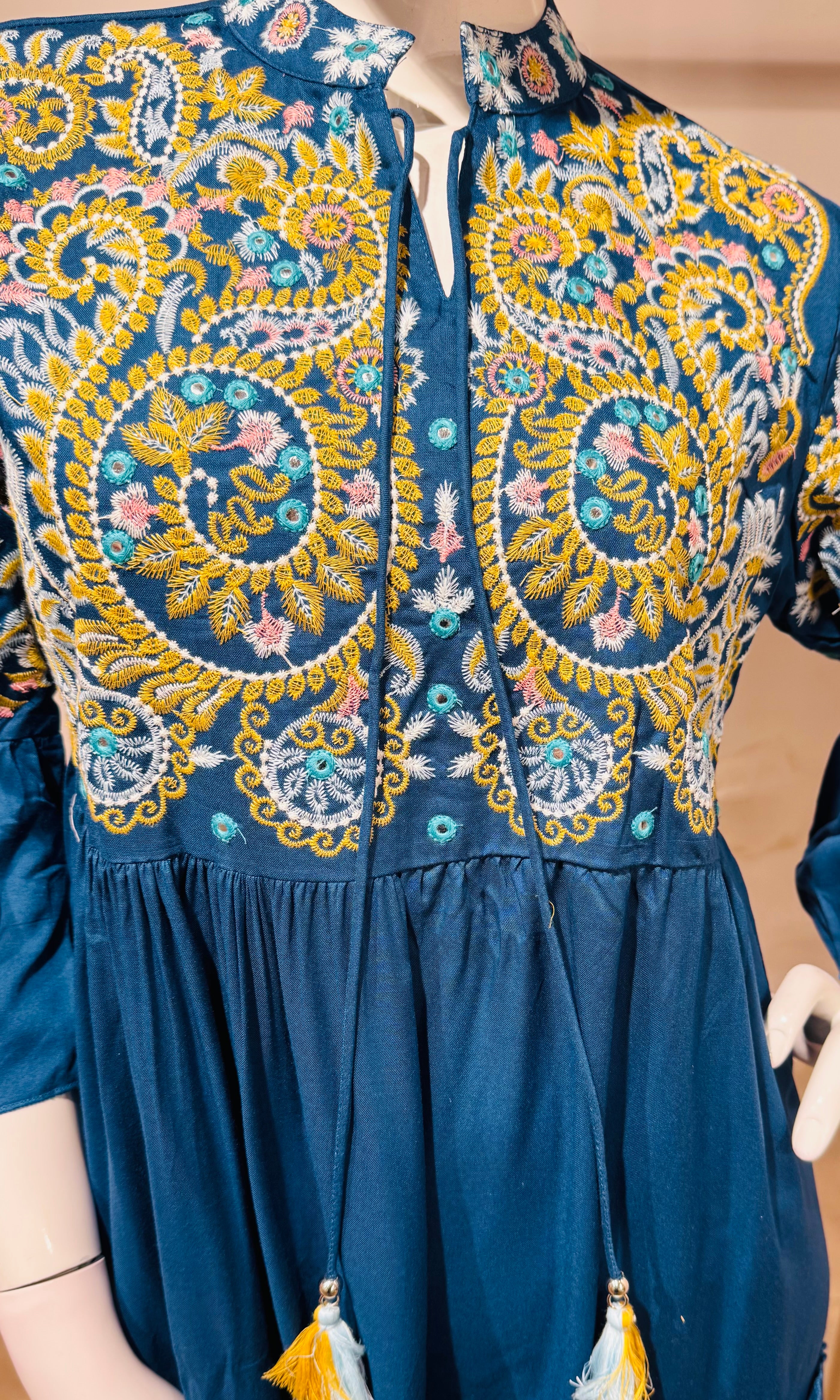Blue Tiered Dress with Multicolor Embroidered Yoke