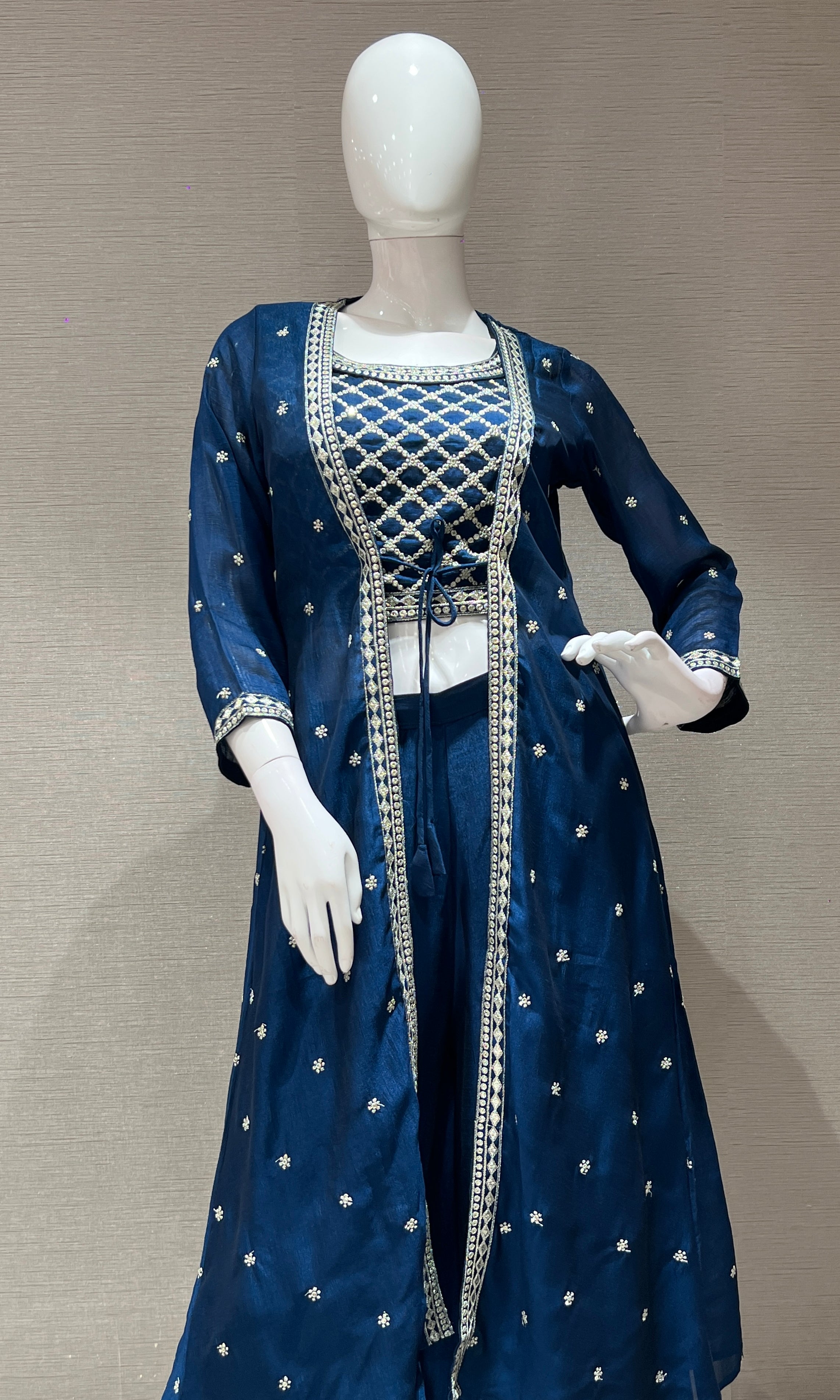 BLUE EMBROIDERED JACKET STYLE PALAZZO