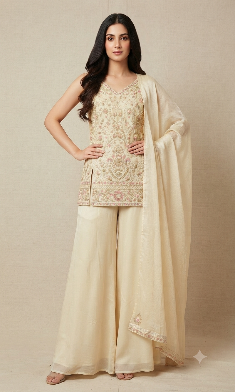Cream Floral embroidered peplum palazzo set