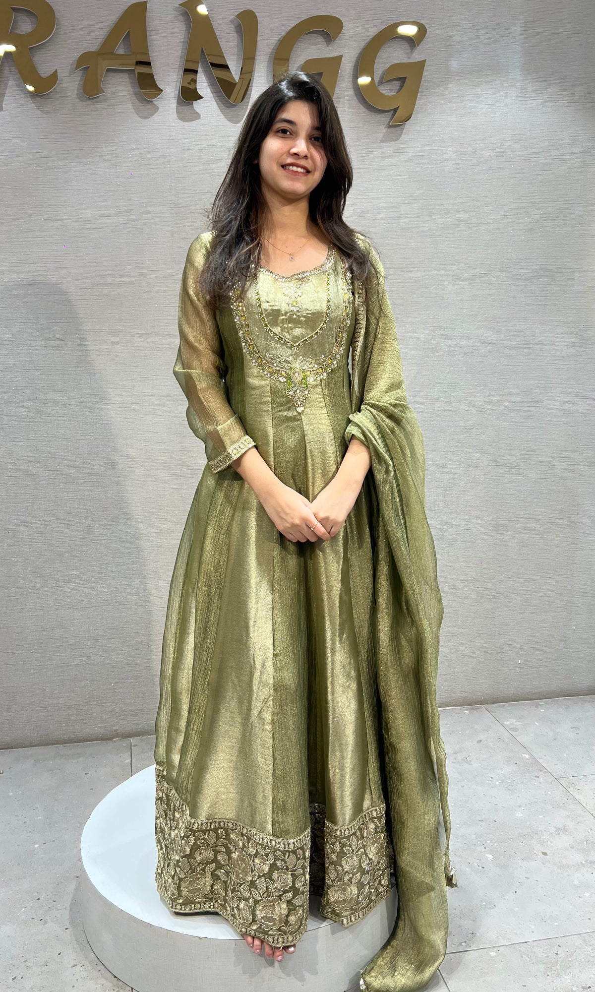Olive Green Shimmer Embroidered Anarkali set with dupatta