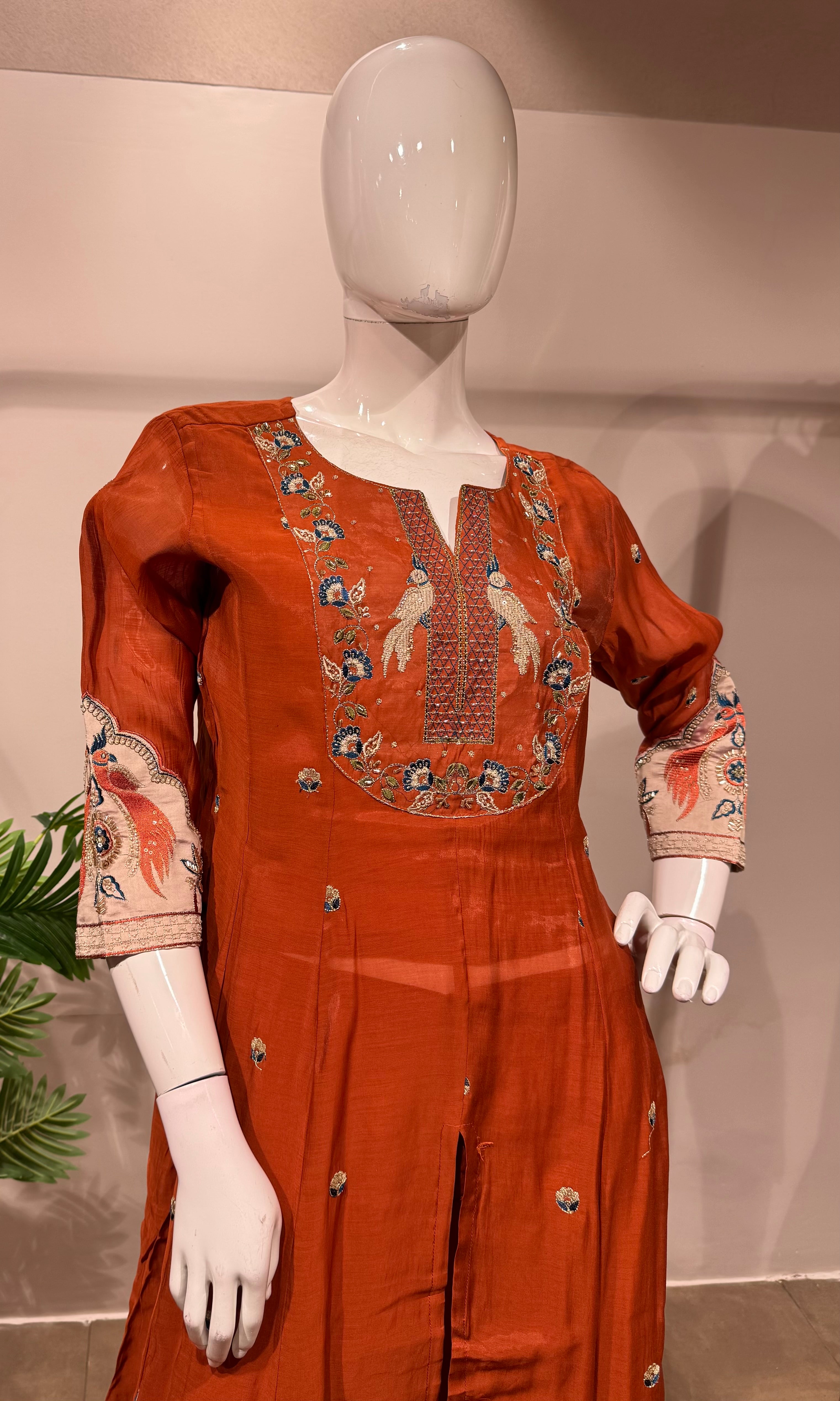 Rust embroidered Anarkali with palazzo pants