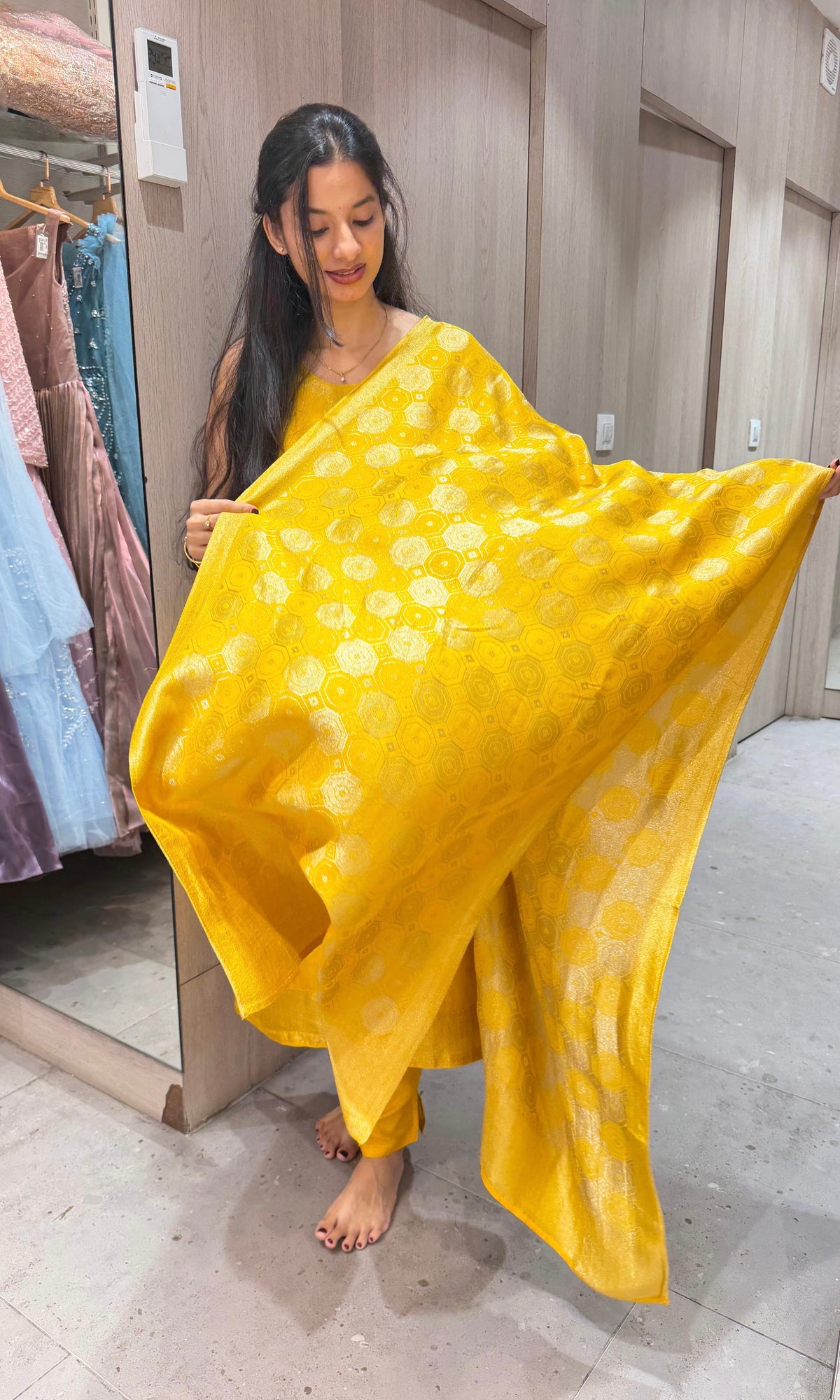 Yellow Banarasi silk Kurta Set with Patterned Dupatta
