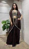 Brown silk drape skirt with cape & crop top