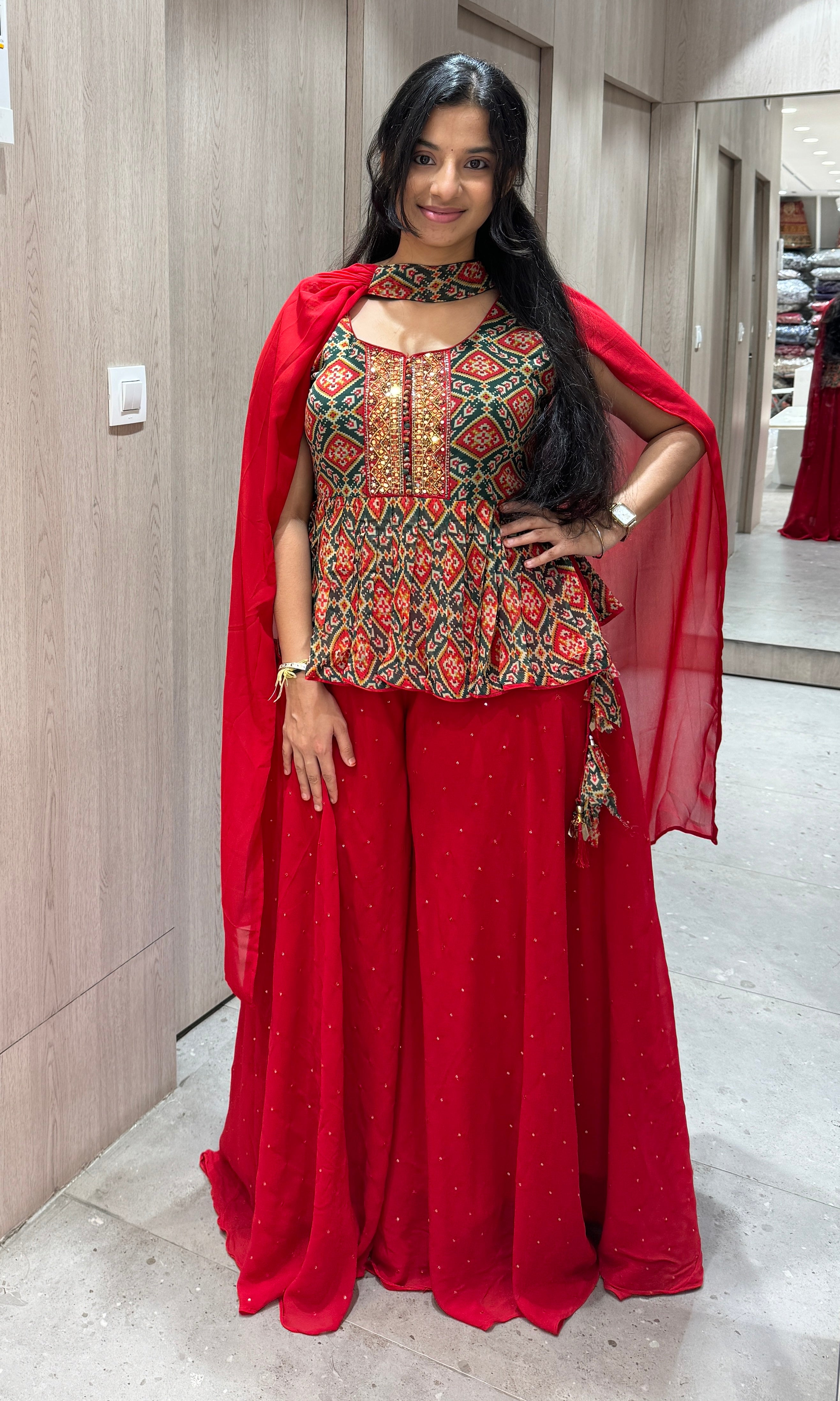 Red Print Peplum Palazzo Set