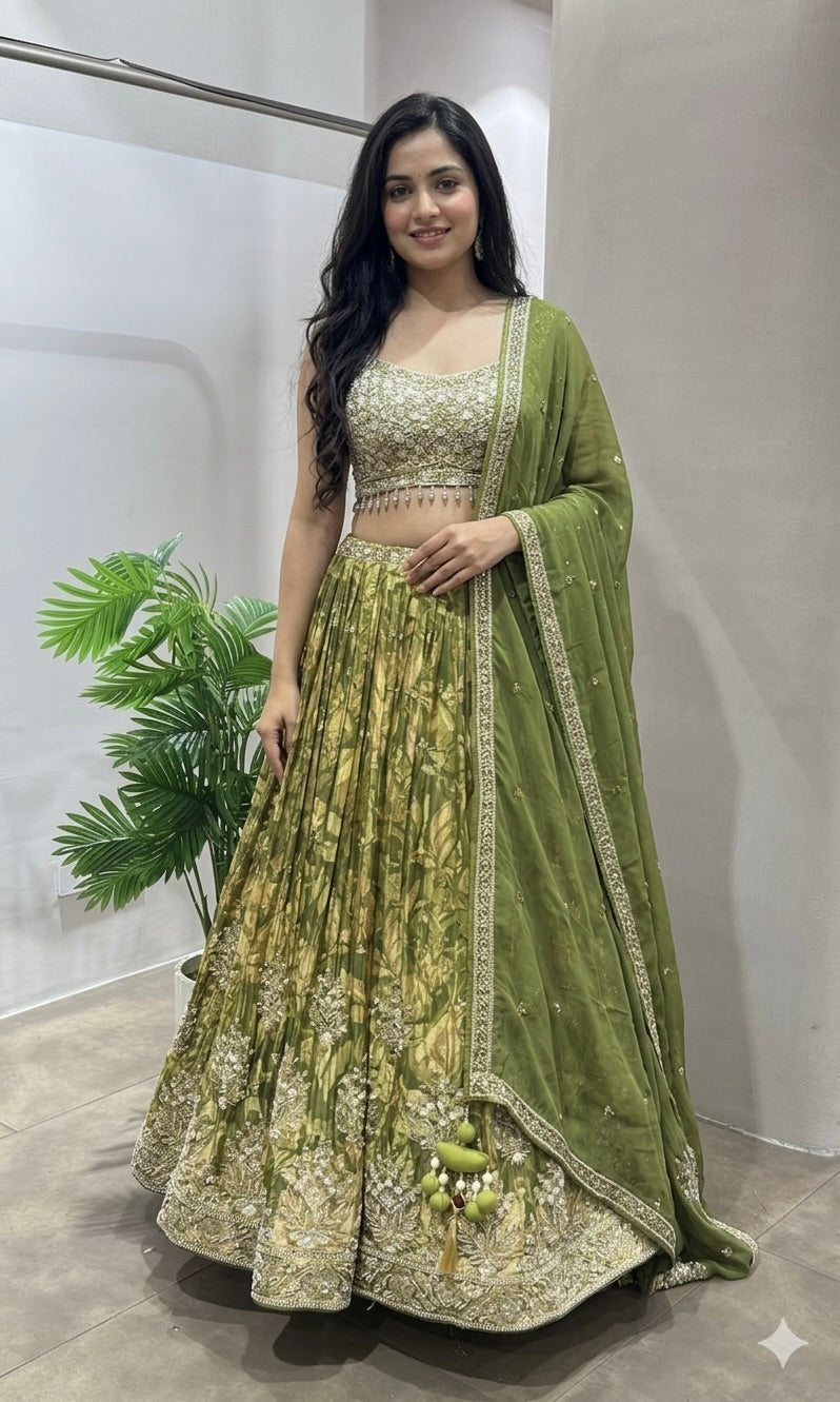 Green FLORAL ETHNIC EMBROIDERY LEHENGA
