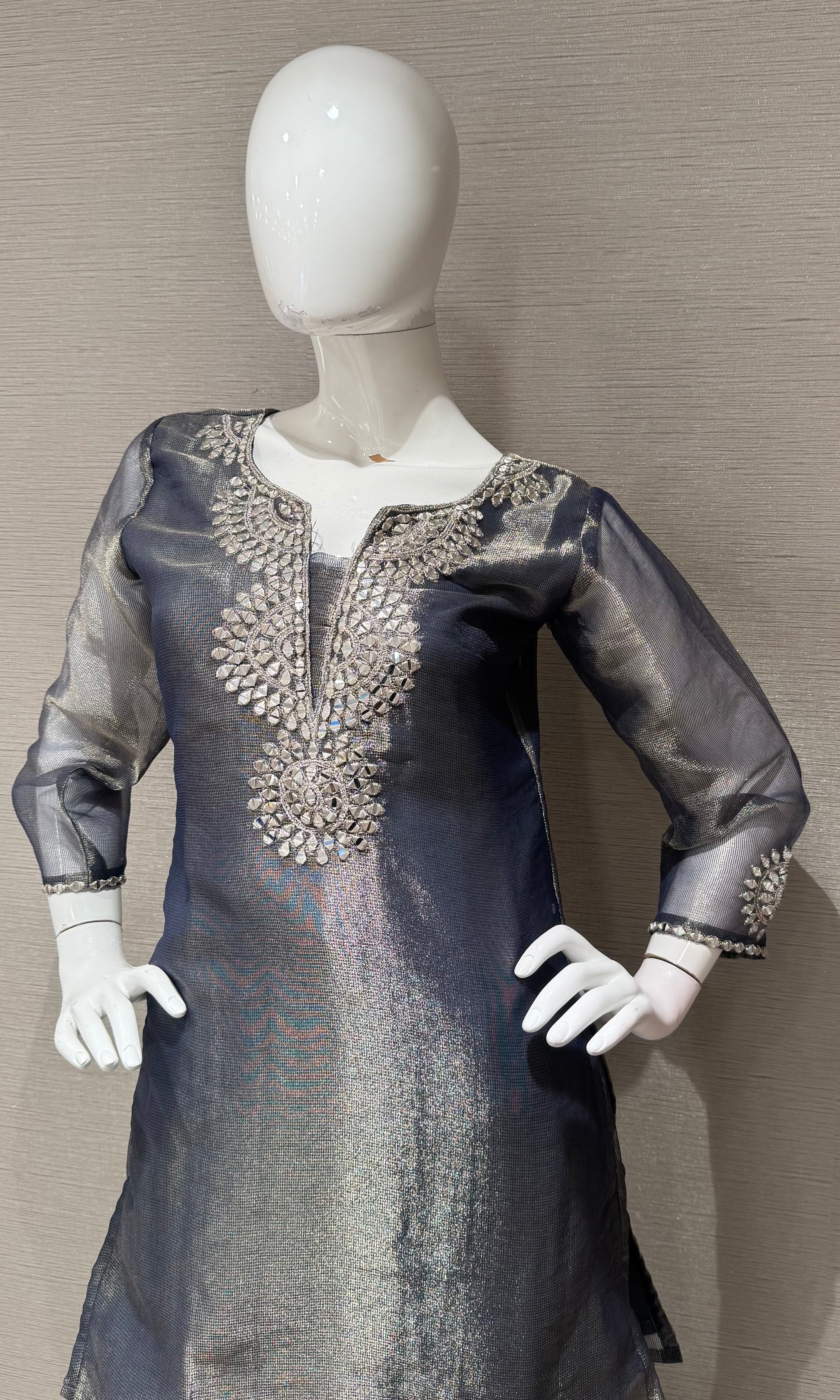 Grey Shimmering Silver Embellished Palazzo
