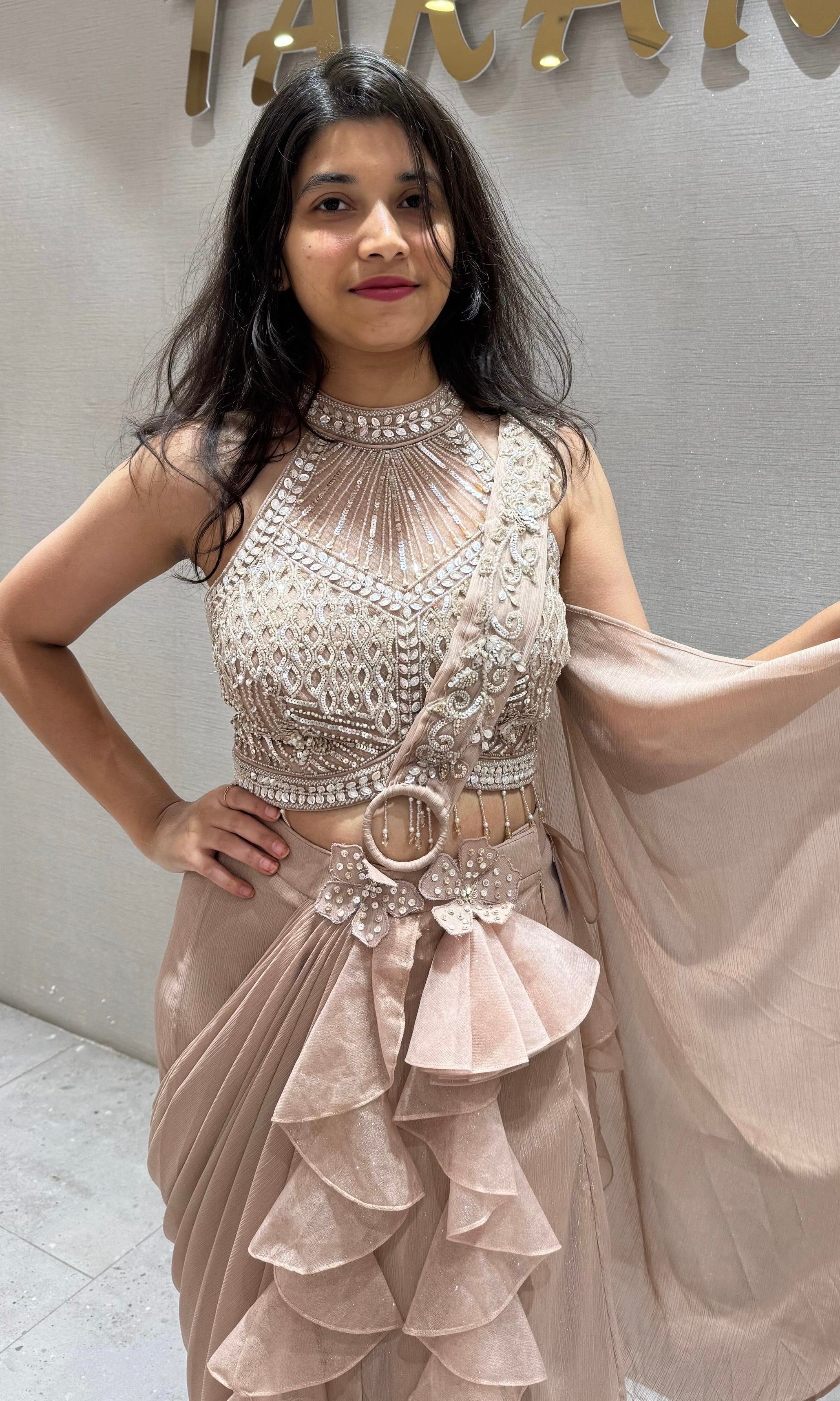 Beige Ruffle drape saree with Embellished blouse