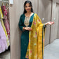 Emerald green with yellow organza dupatta kurta set