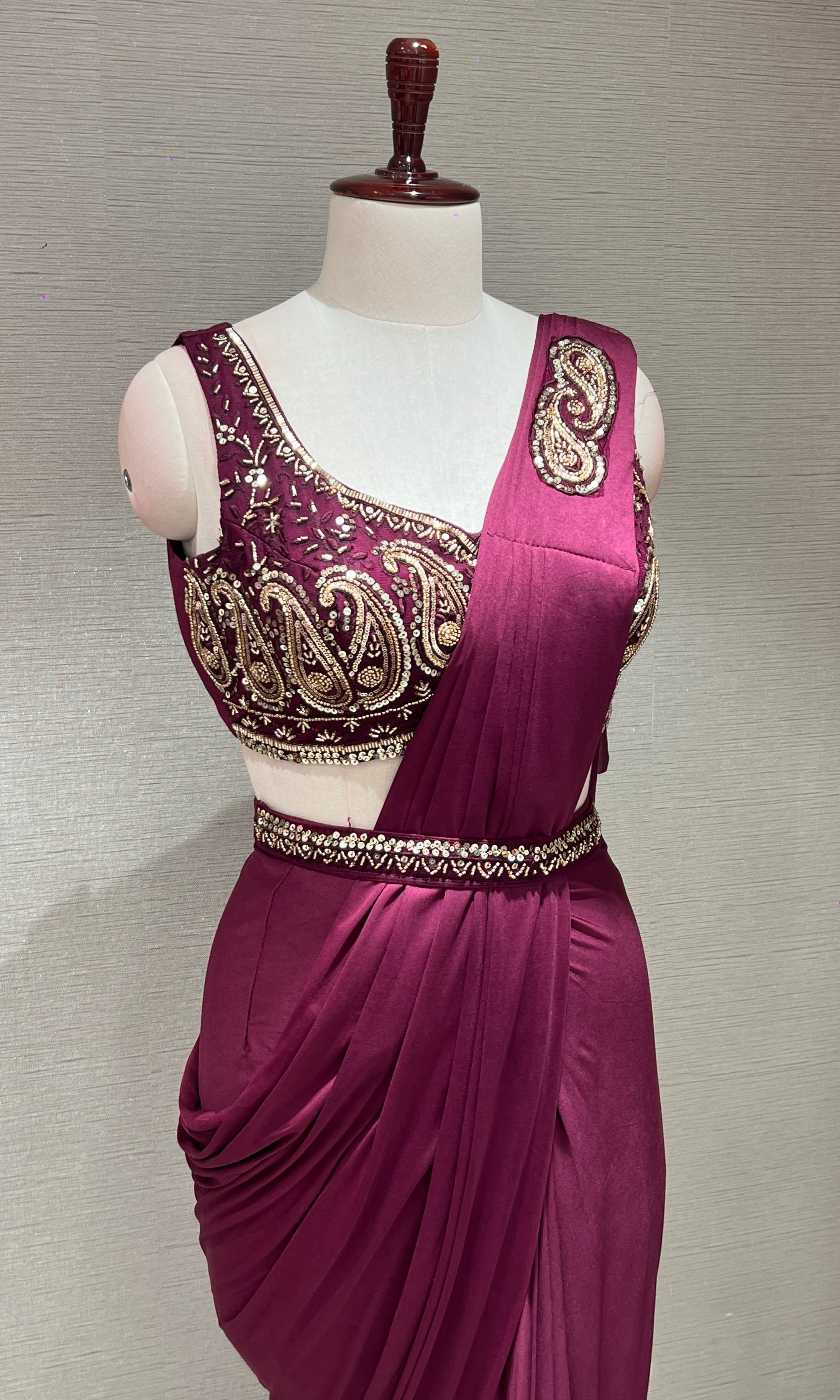 WINE Embellished Drape Saree WITH BLOUSE & BELT