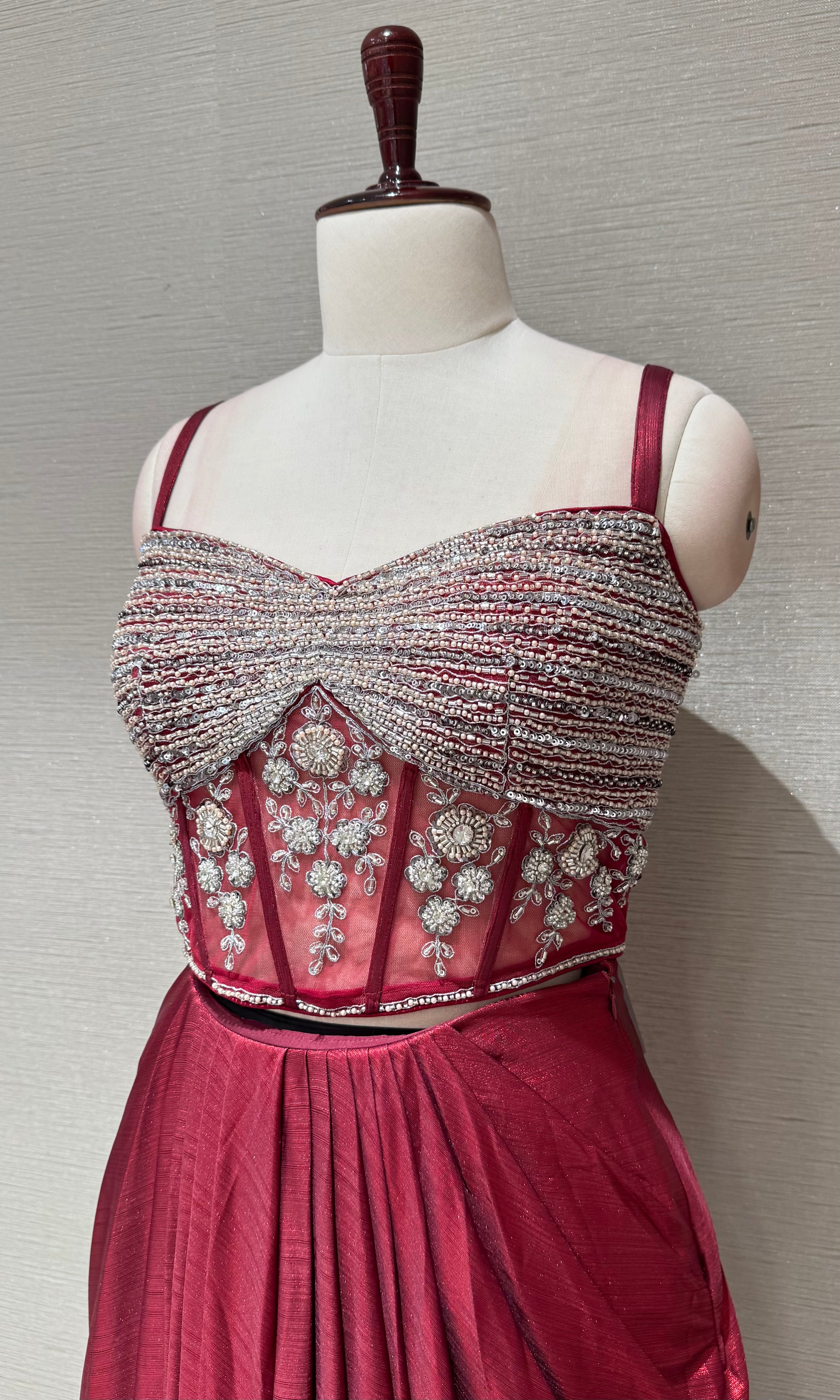 Maroon Deep Embroidered Cape Skirt