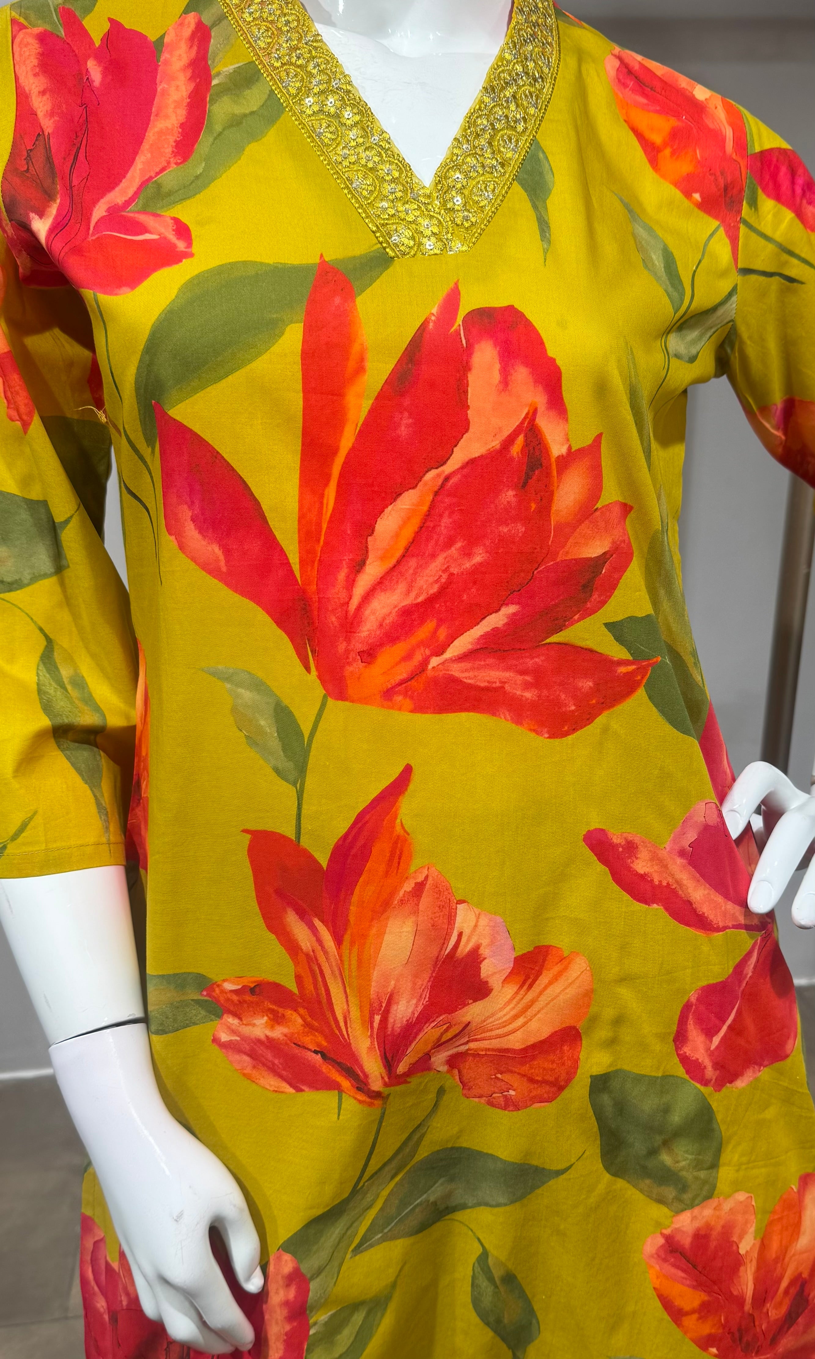 Mustard Botanical Printed Kurta Set