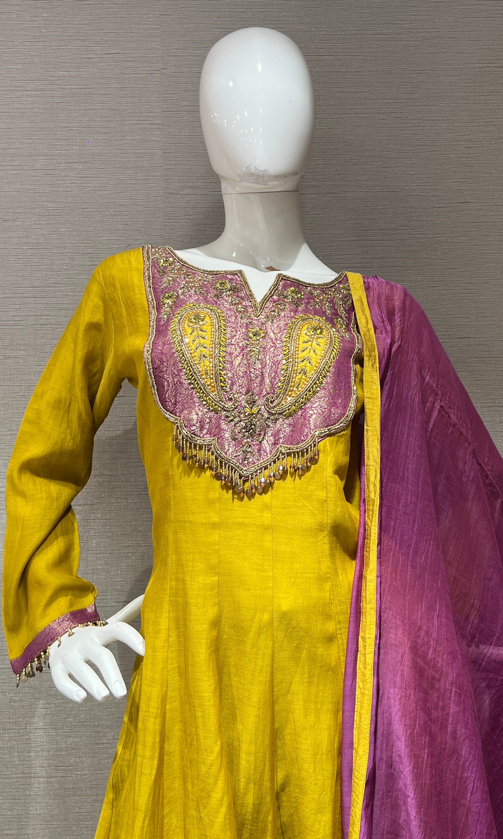 Mustard Anarkali Set with Magenta Dupatta