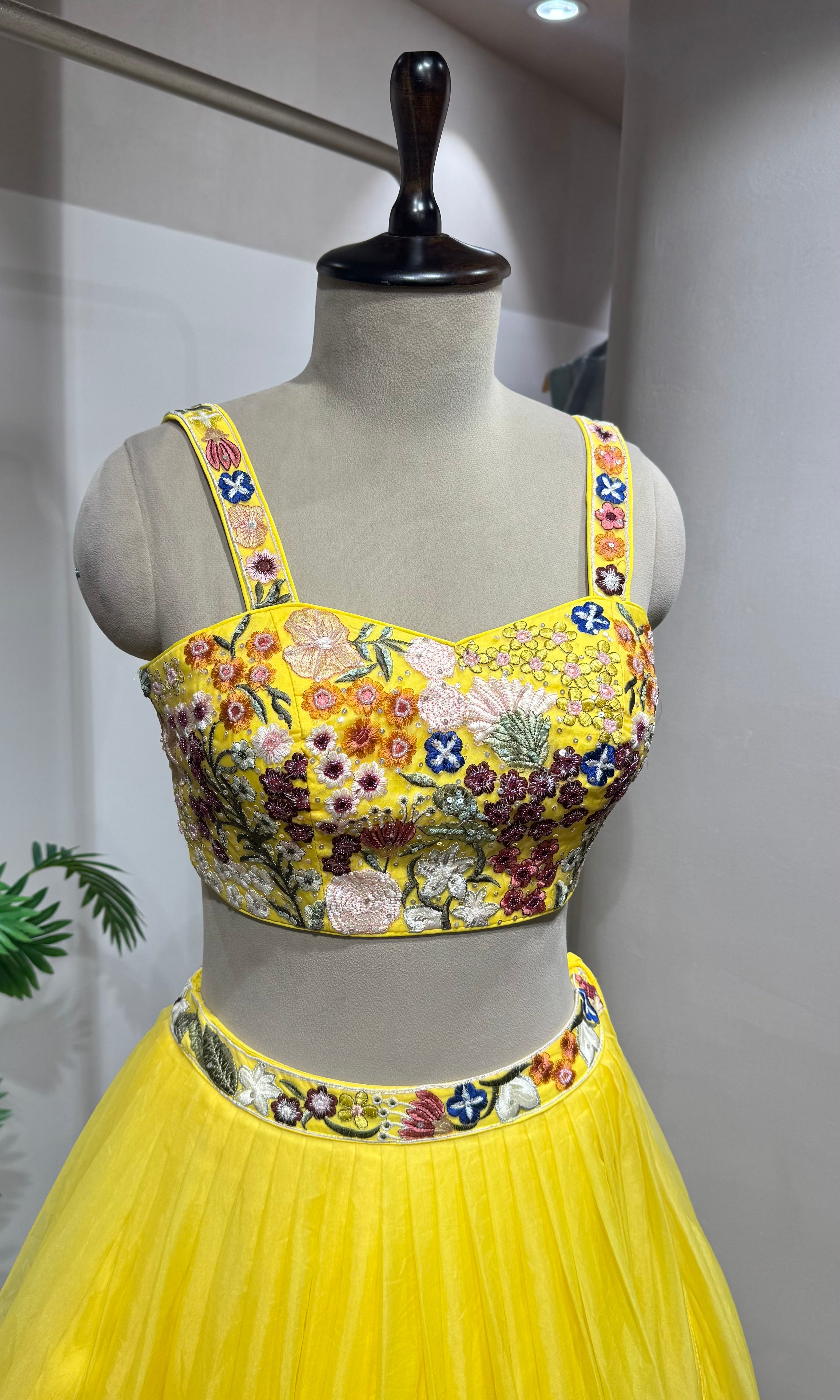 yellow floral embroidered lehenga set
