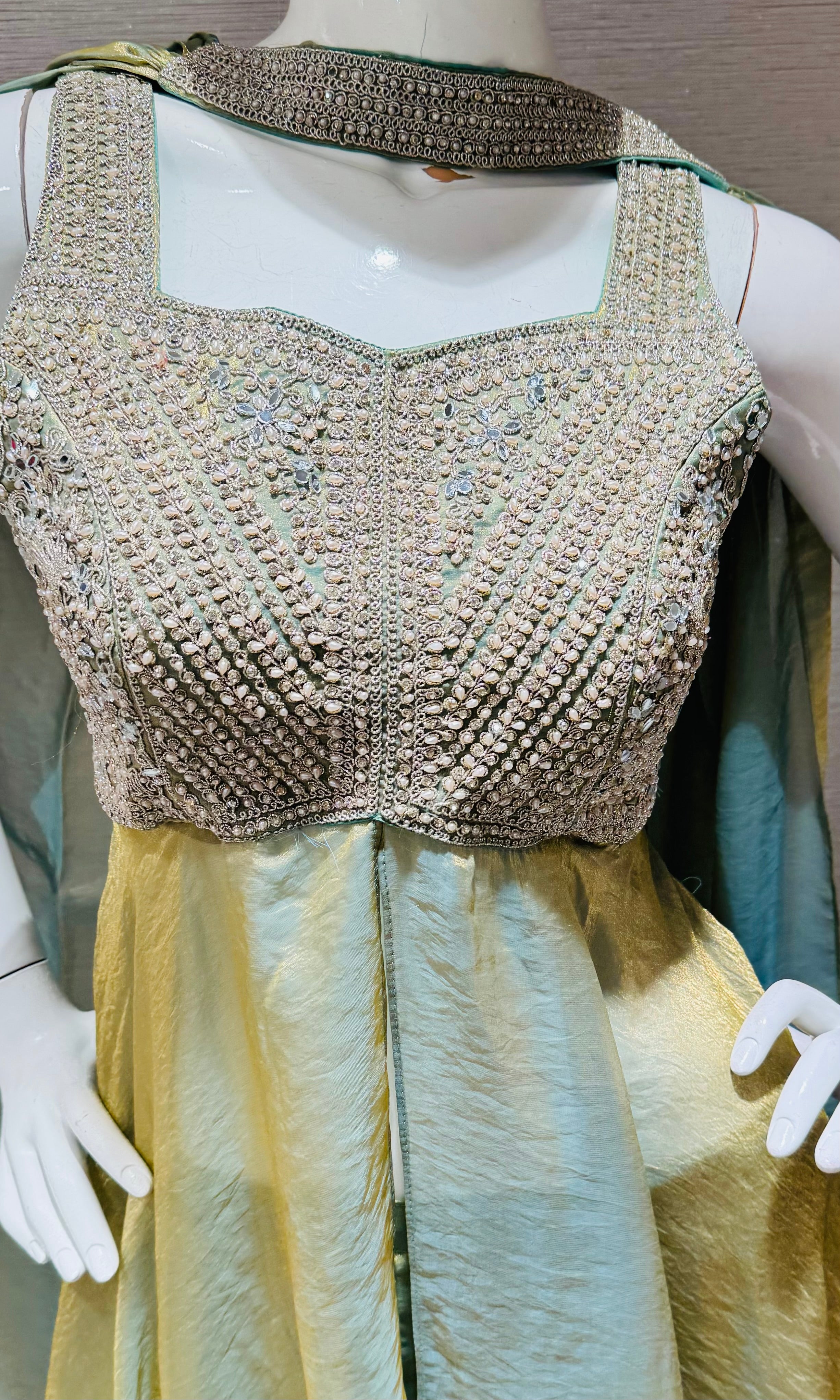 Green embroidered shimmer tissue palazzo set