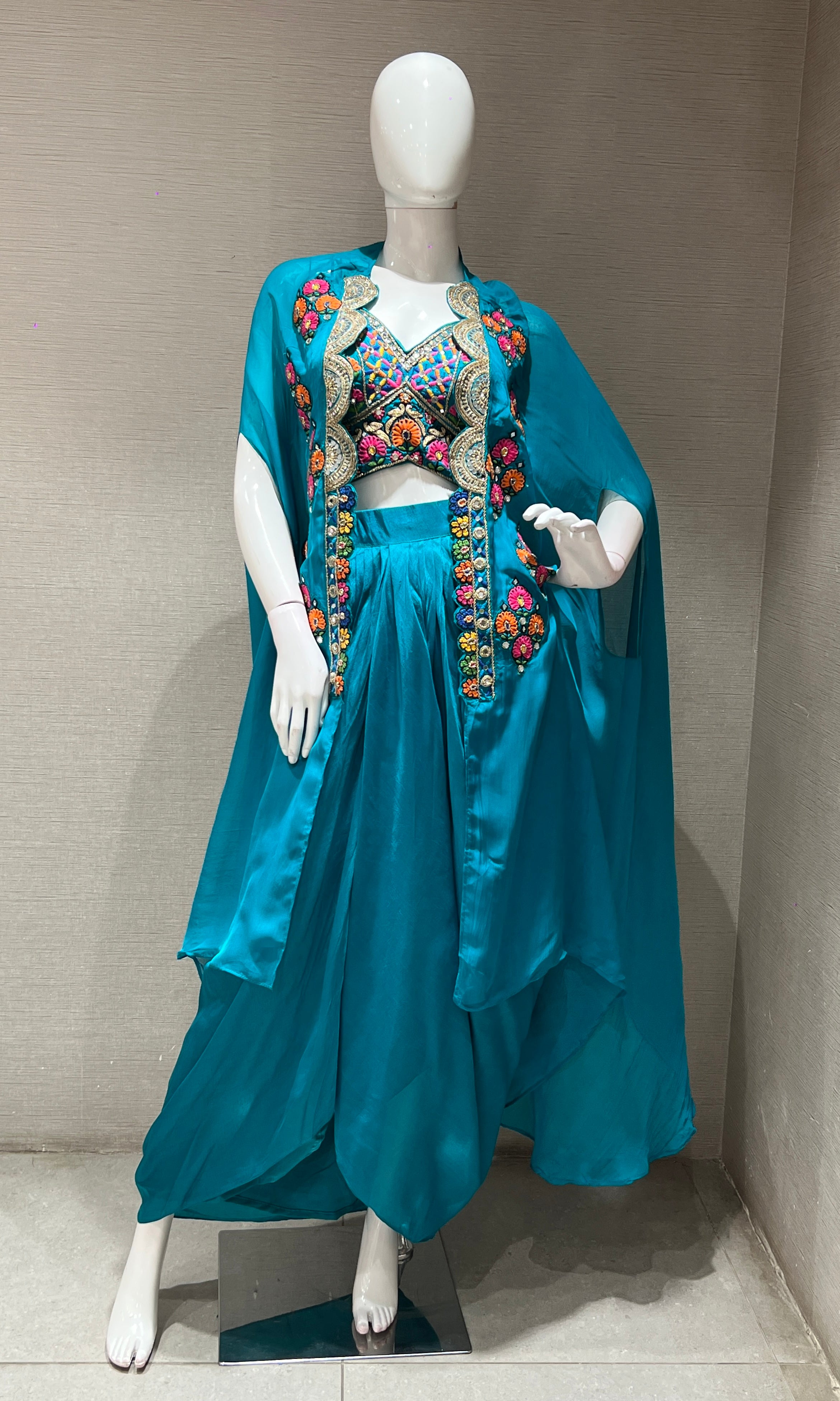 Rama blue SKIRT WITH FLORAL BLOUSE AND CAPE