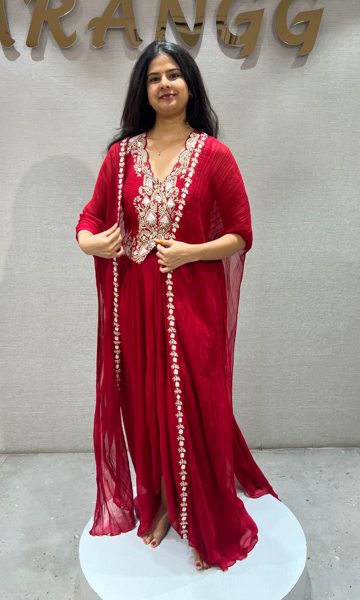 Red Embroidered Georgette skirt with Jacket & Shrug