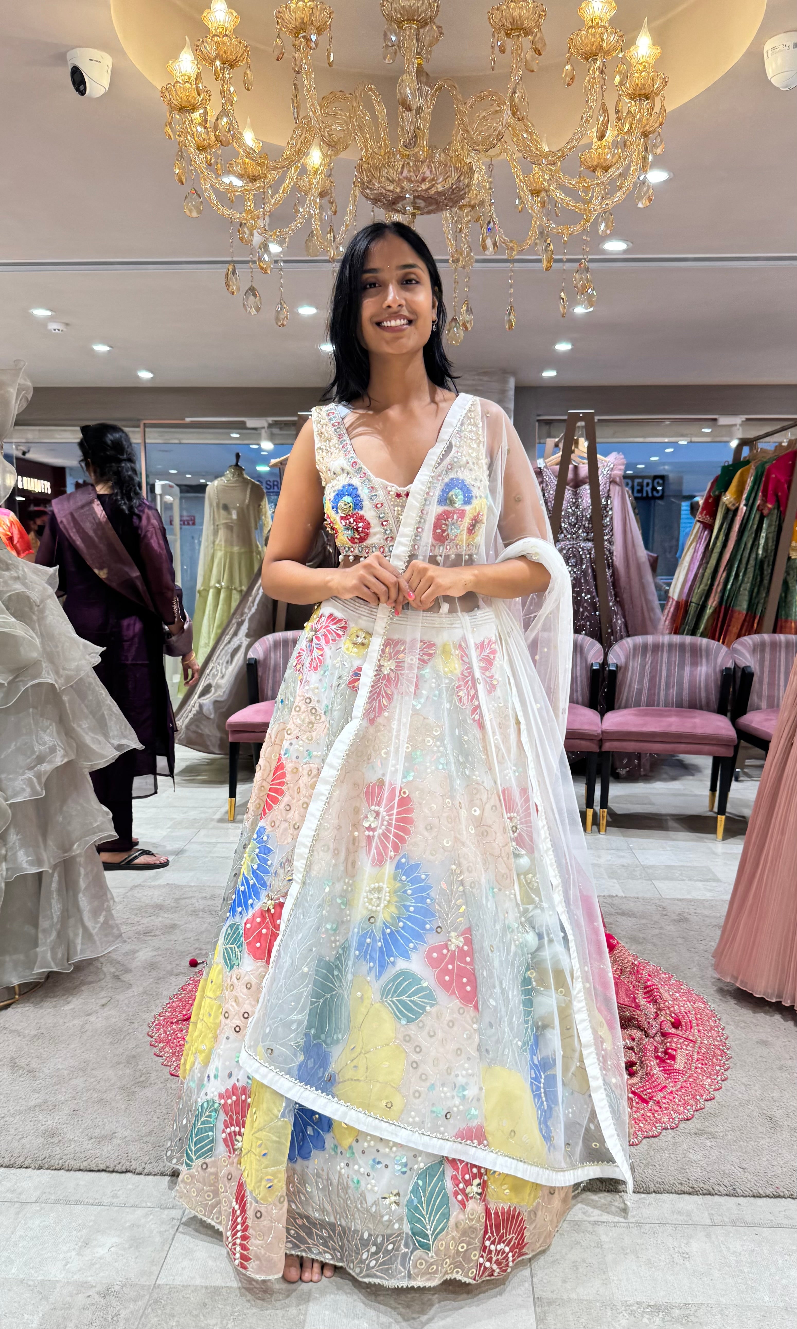 WHITE MULTI FLORAL EMBROIDERED LEHENGA