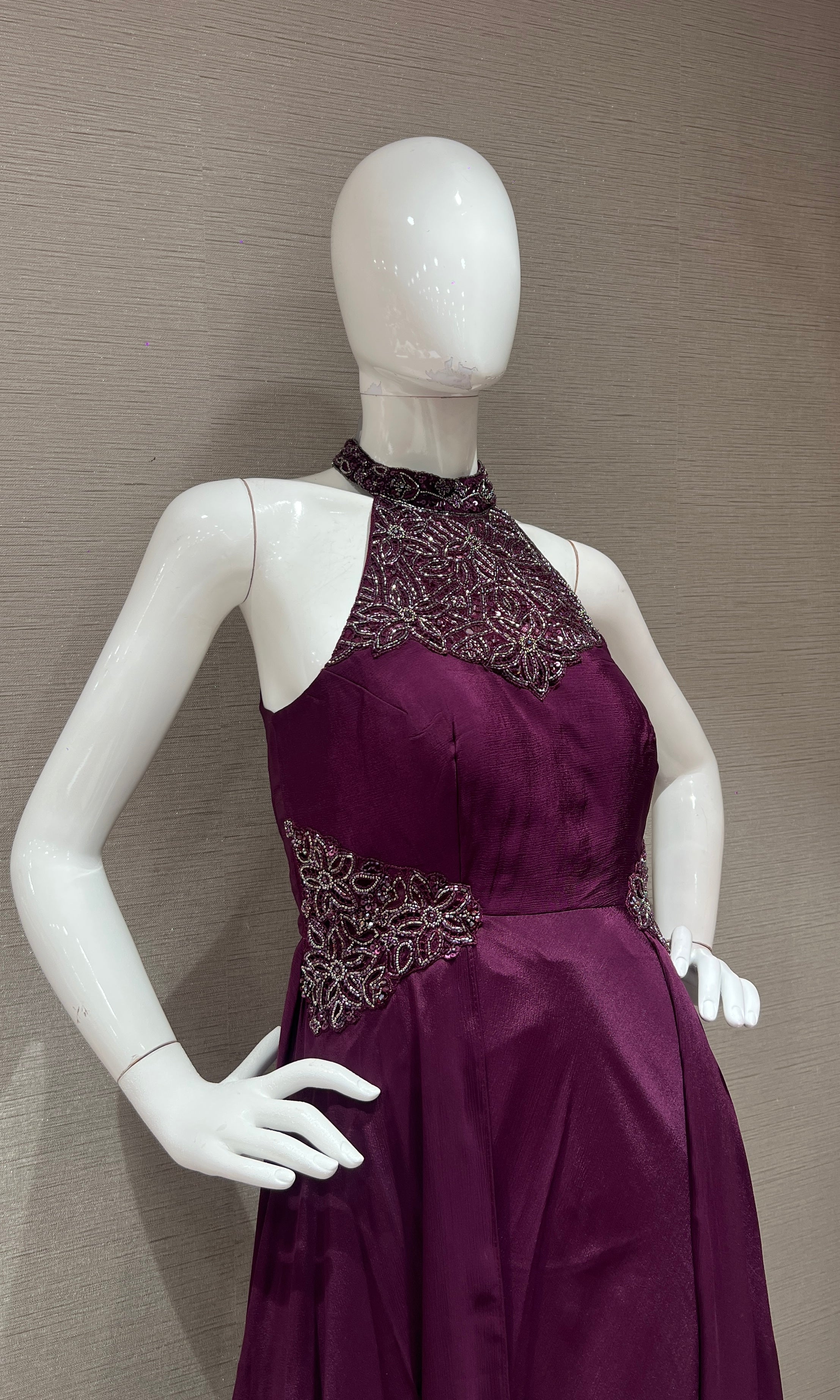 Burgundy Wine Embellished Halter Anarkali Frock