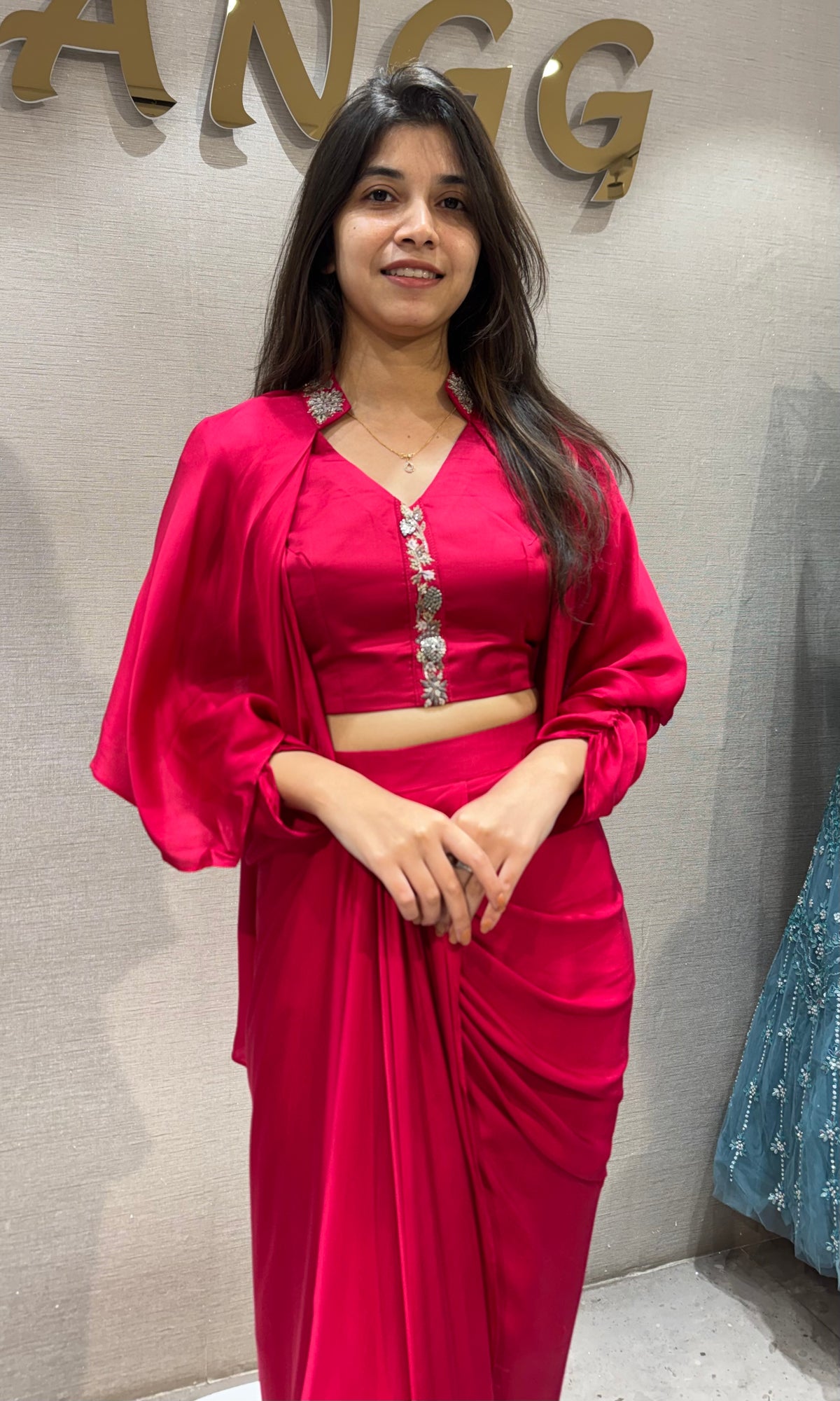 Pink Satin Crepe Draped Skirt Set with Embellished Crop Top & Shrug