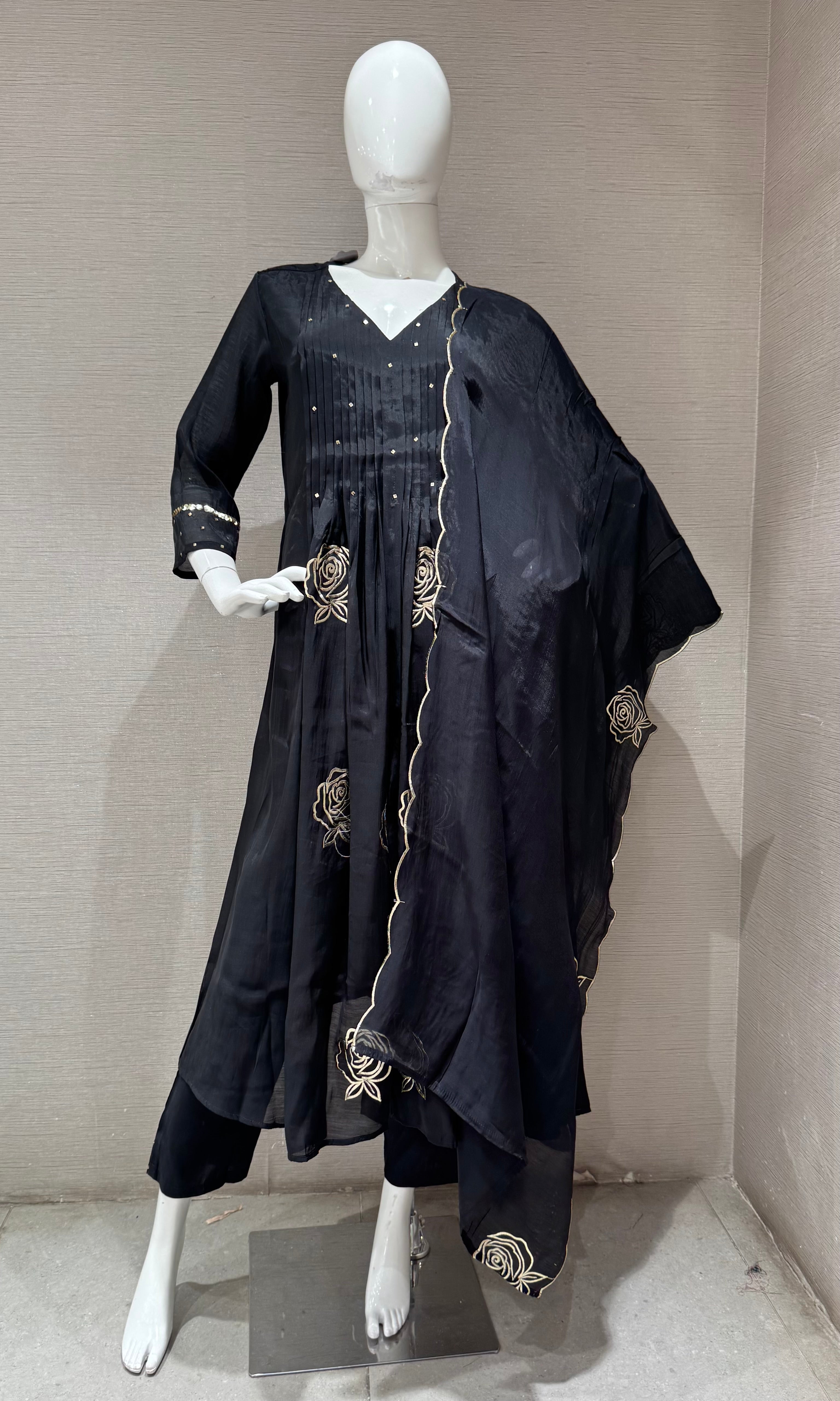 Black golden floral mul chanderi kurta set