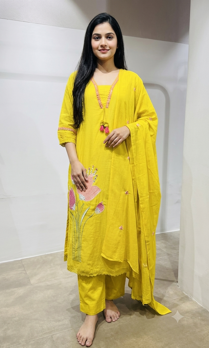 Yellow Floral Embroidered Kurta Set