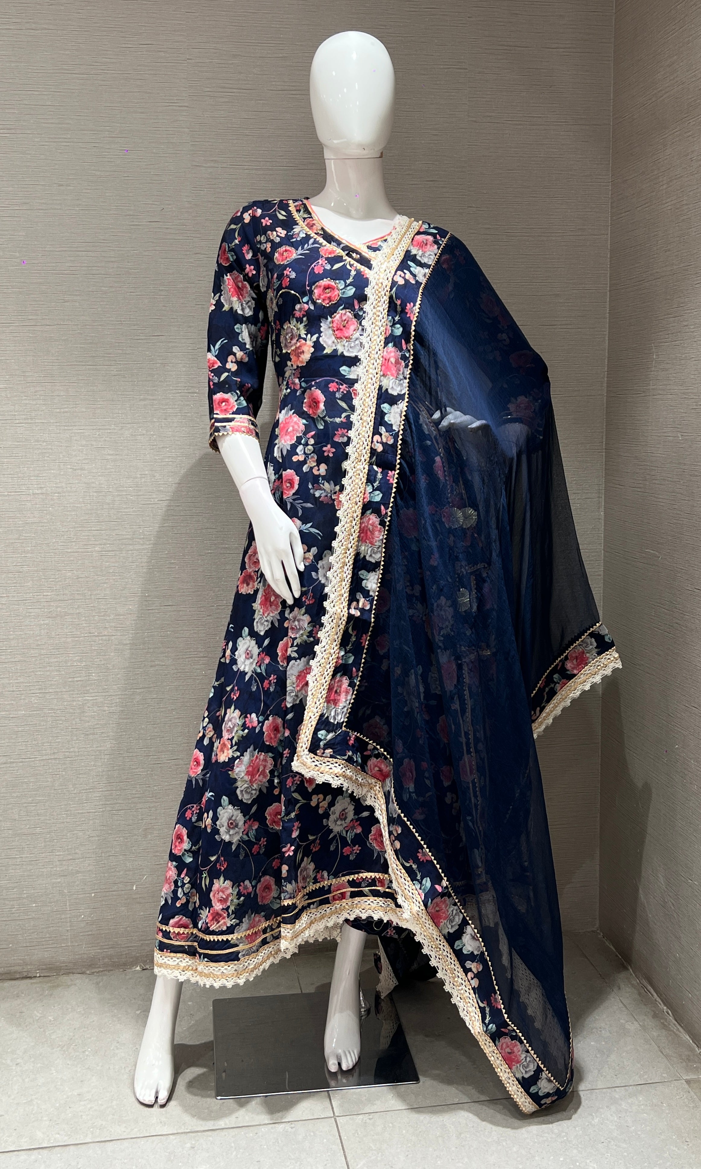 Navy Blue A LINE FLORAL KURTA SET