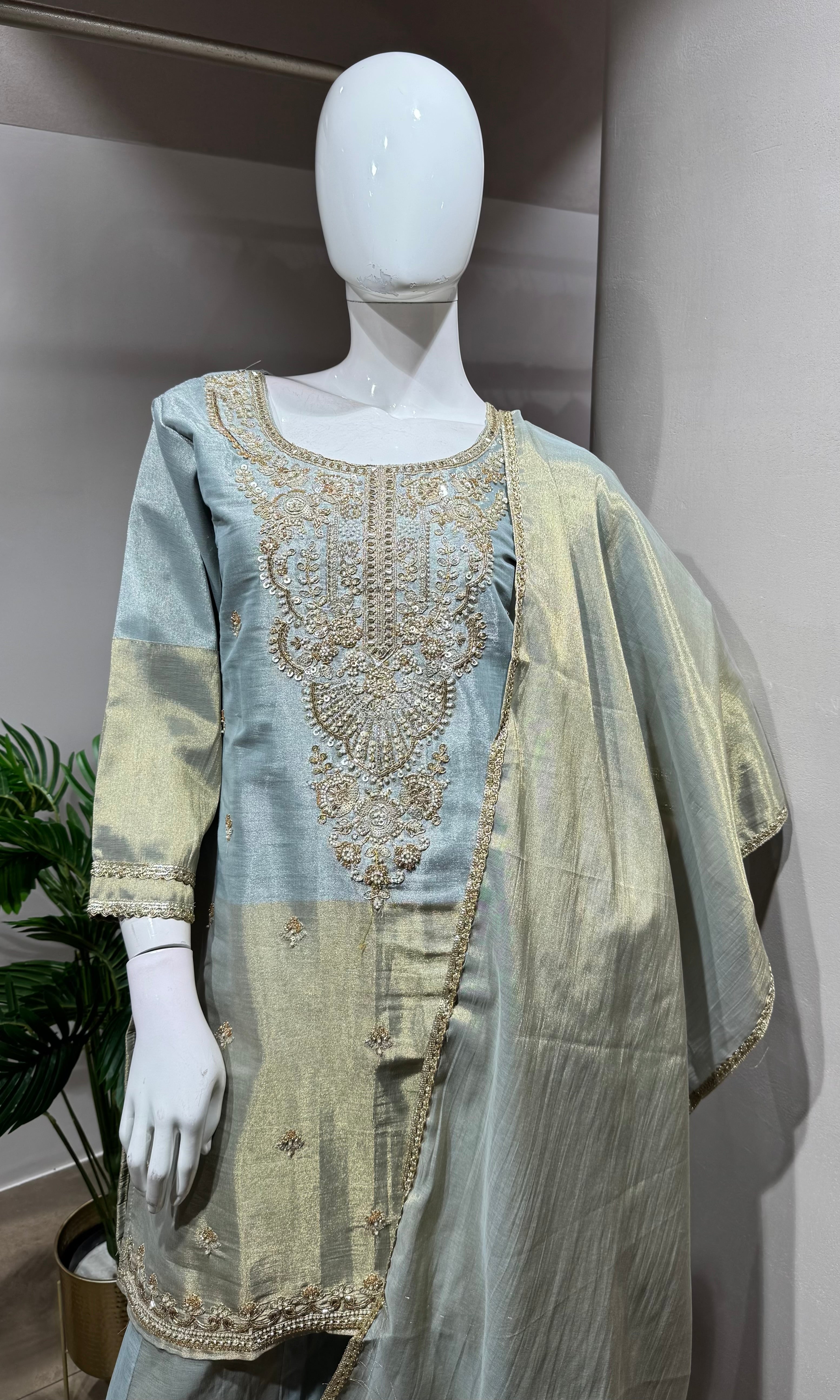 Grey & Gold Embroidered Festive Sharara Set