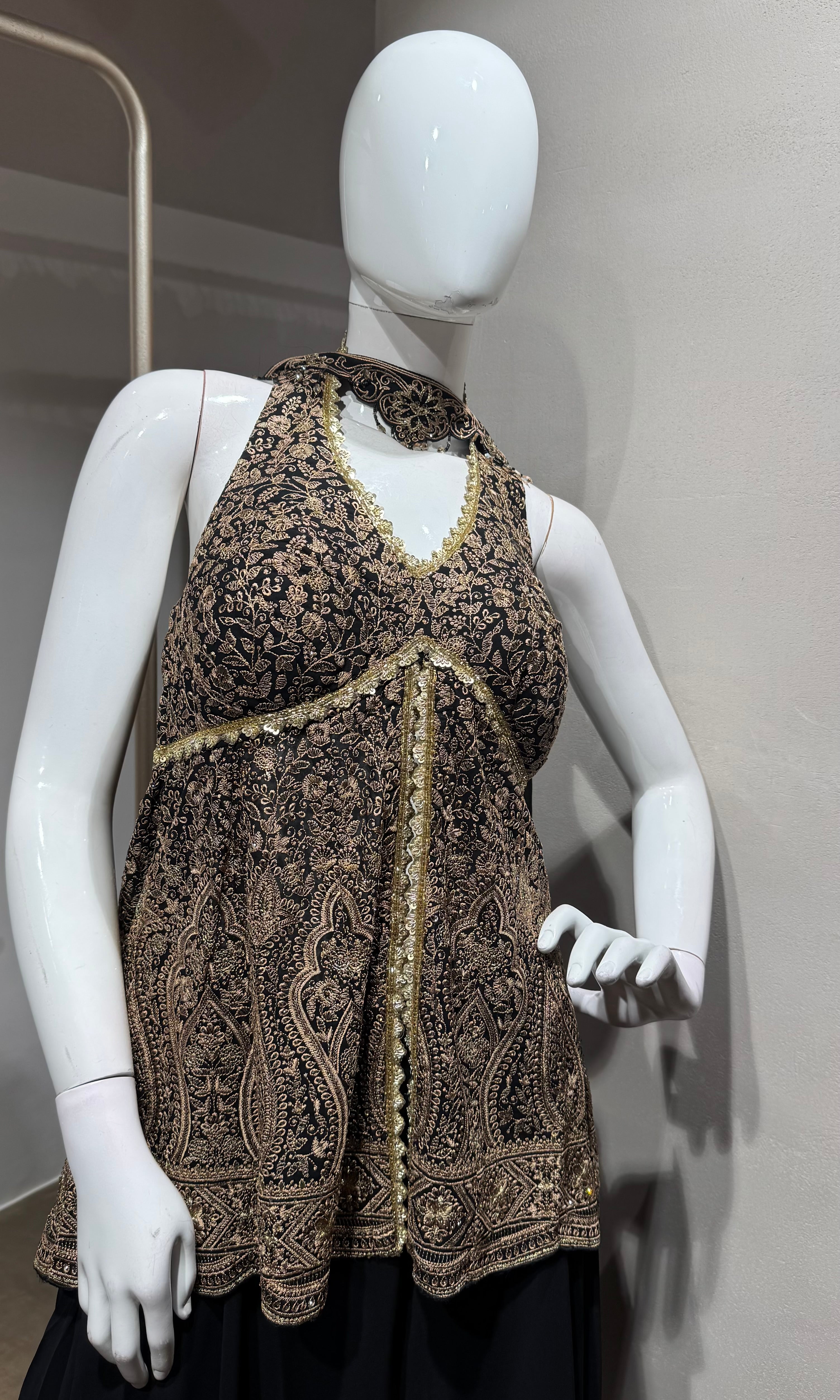 black and gold embroidered halter palazzo set