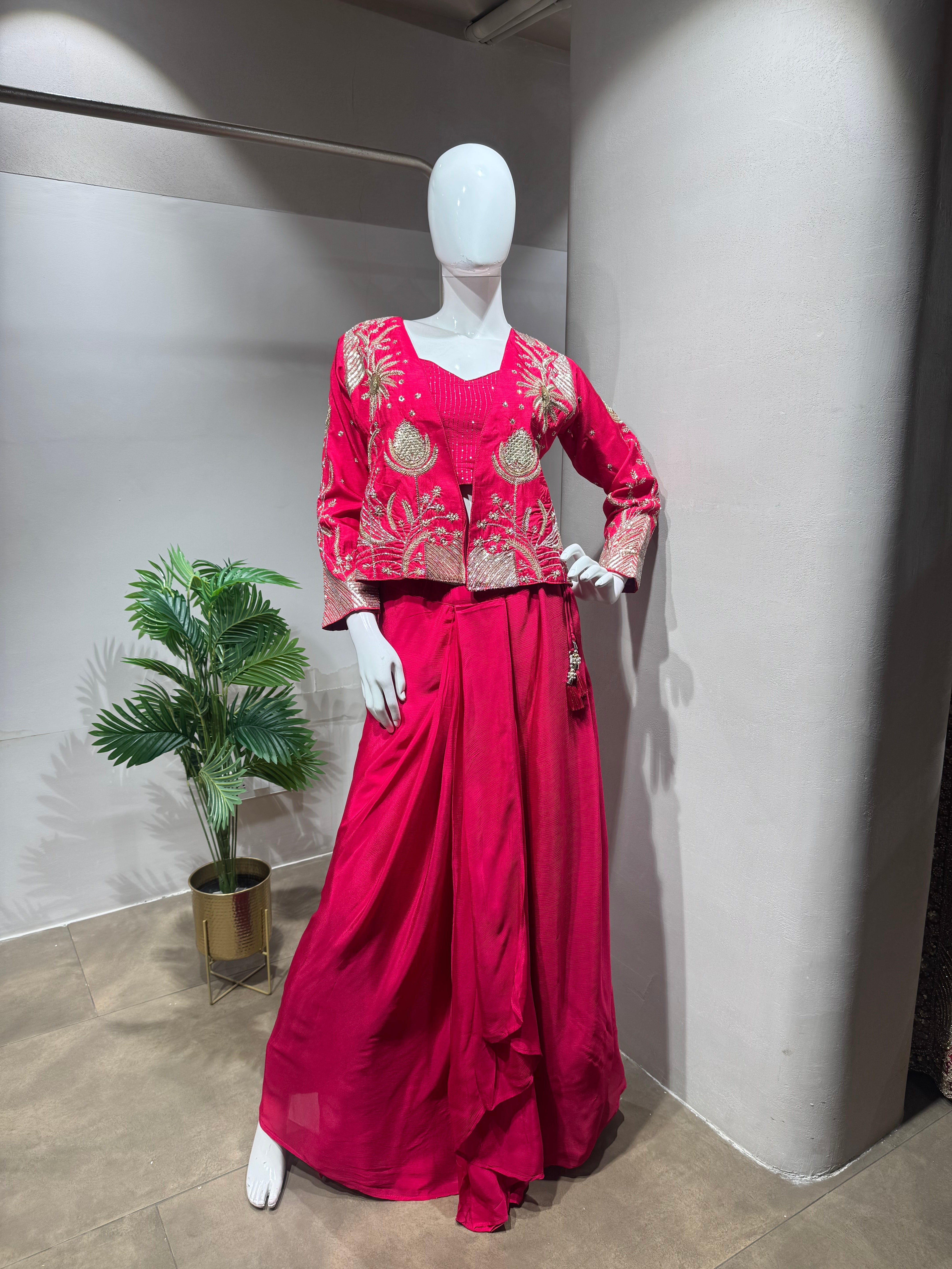 Rani Pink Indo-Western Set with Pearl Jacket