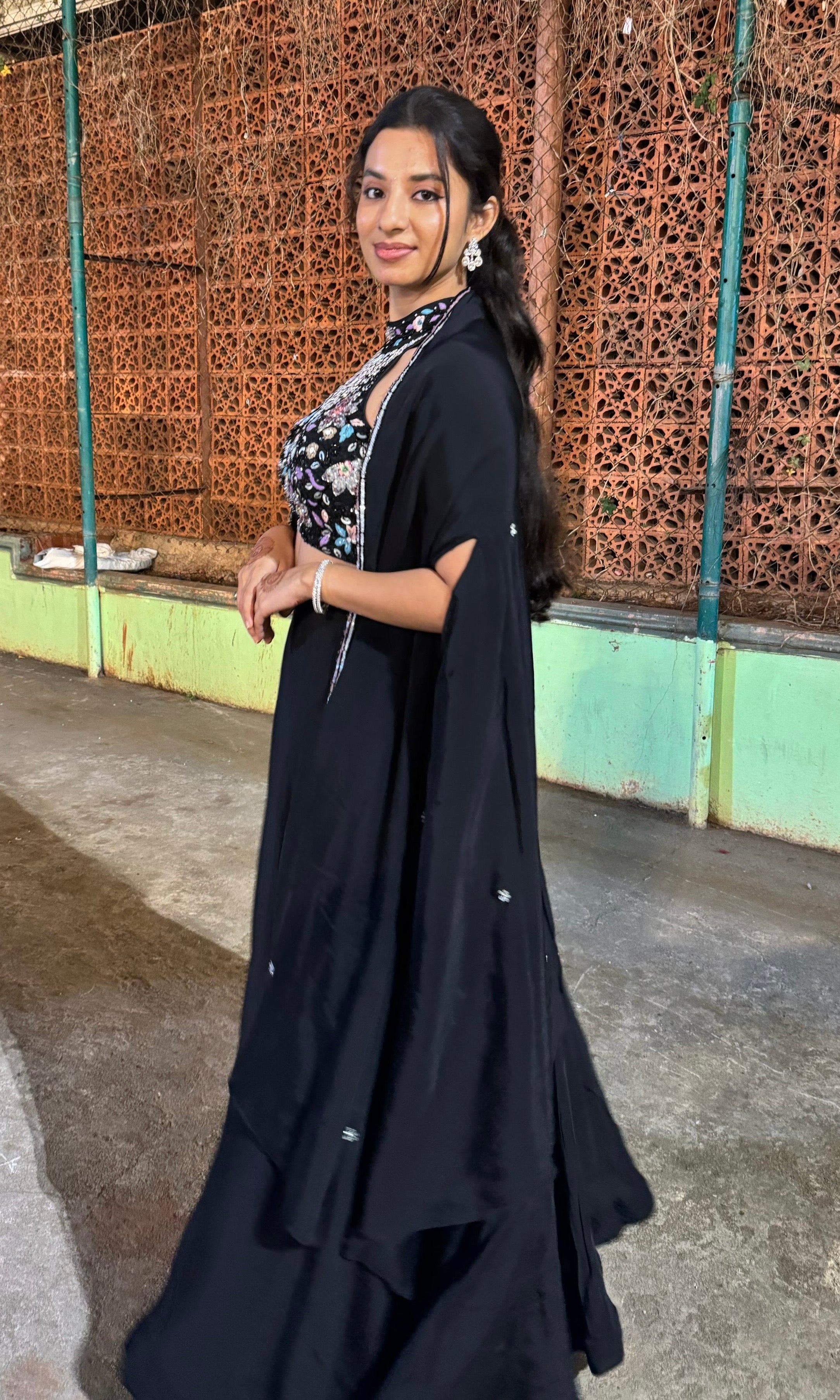 Black Embellished Halter NECK Lehenga WITH CAPE