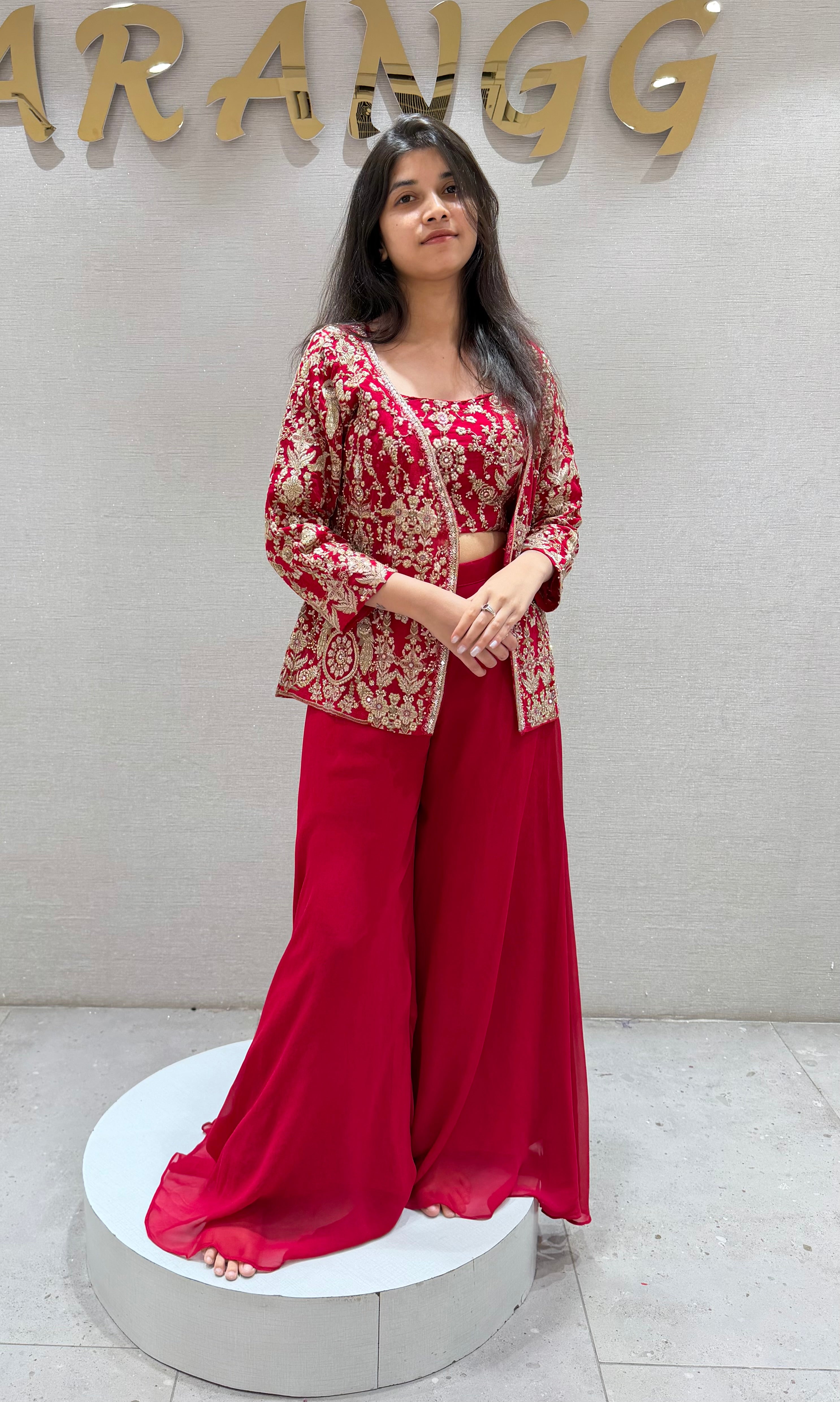 Red EMBROIDERED PALAZZO SET WITH JACKET