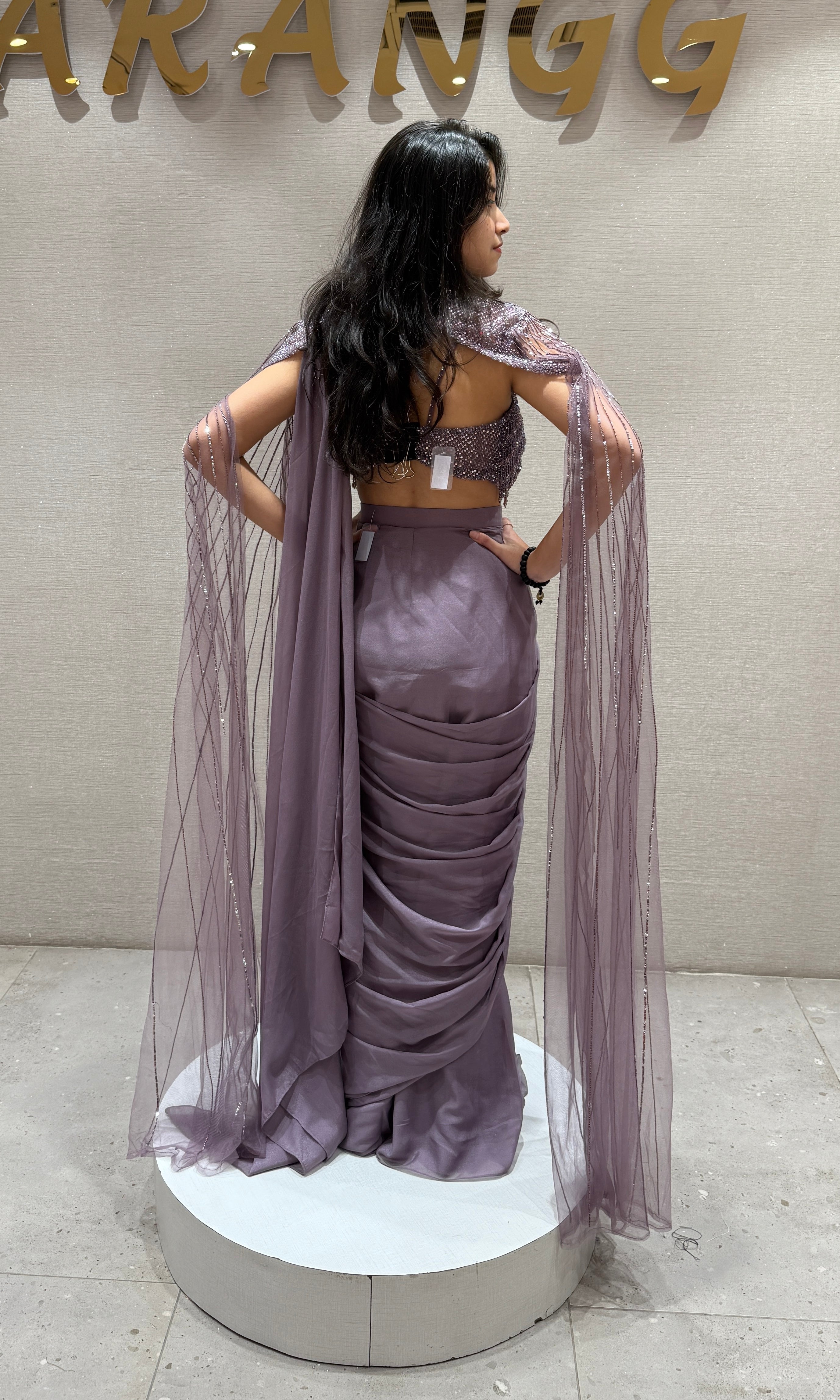 Lilac Sequin Draped Sareee with cape