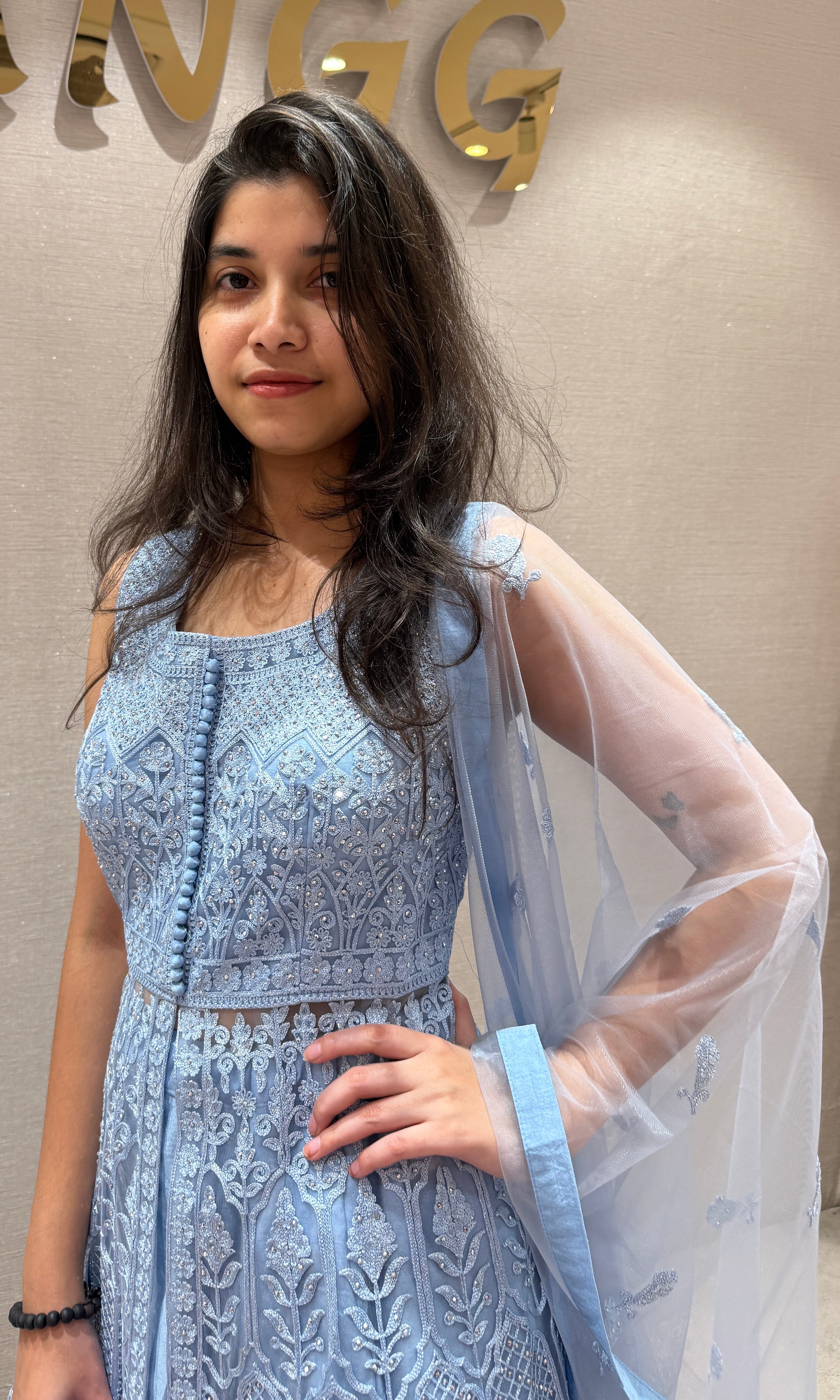 Sea blue EMBROIDERED front slit Anarkali