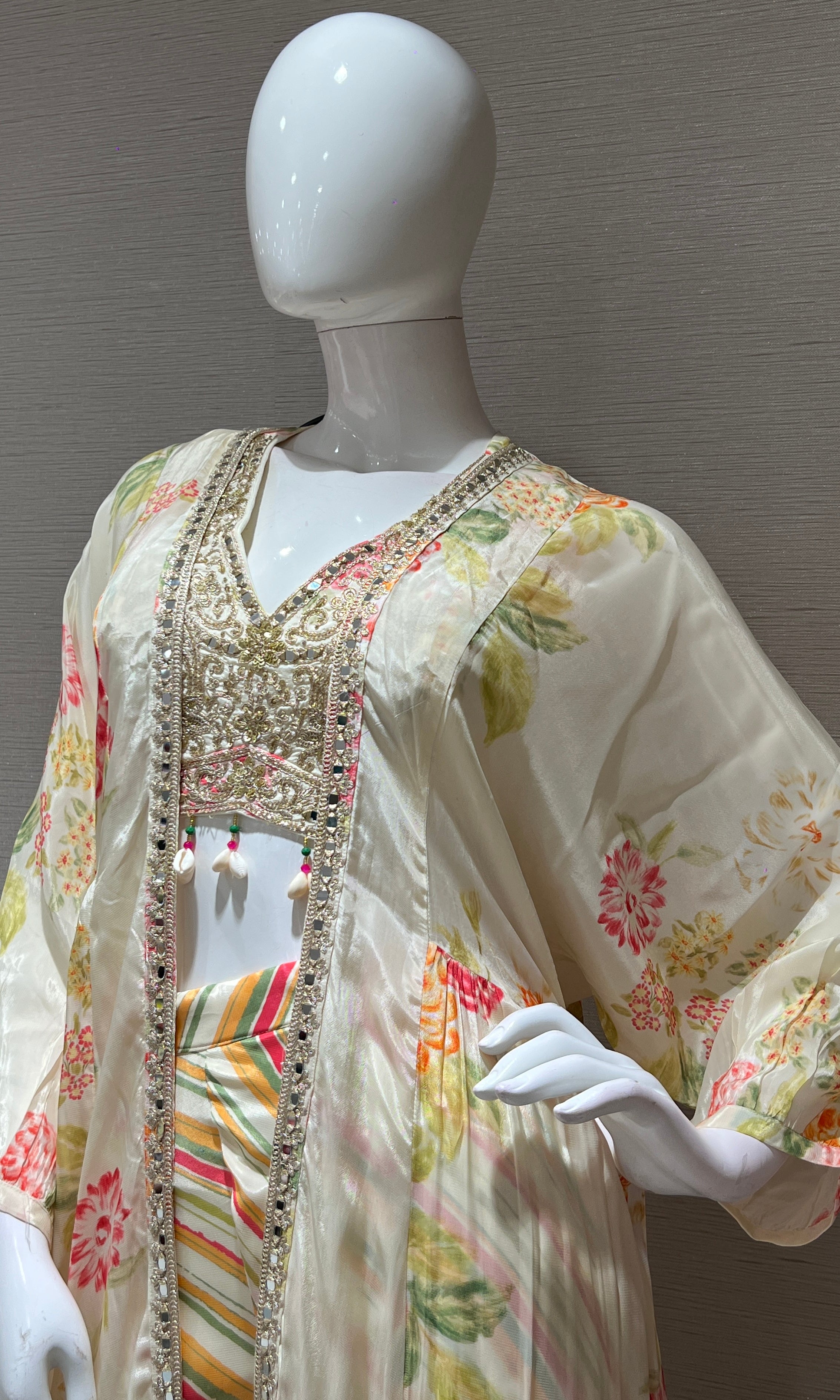 Ivory Floral Print Palazzo with Cape