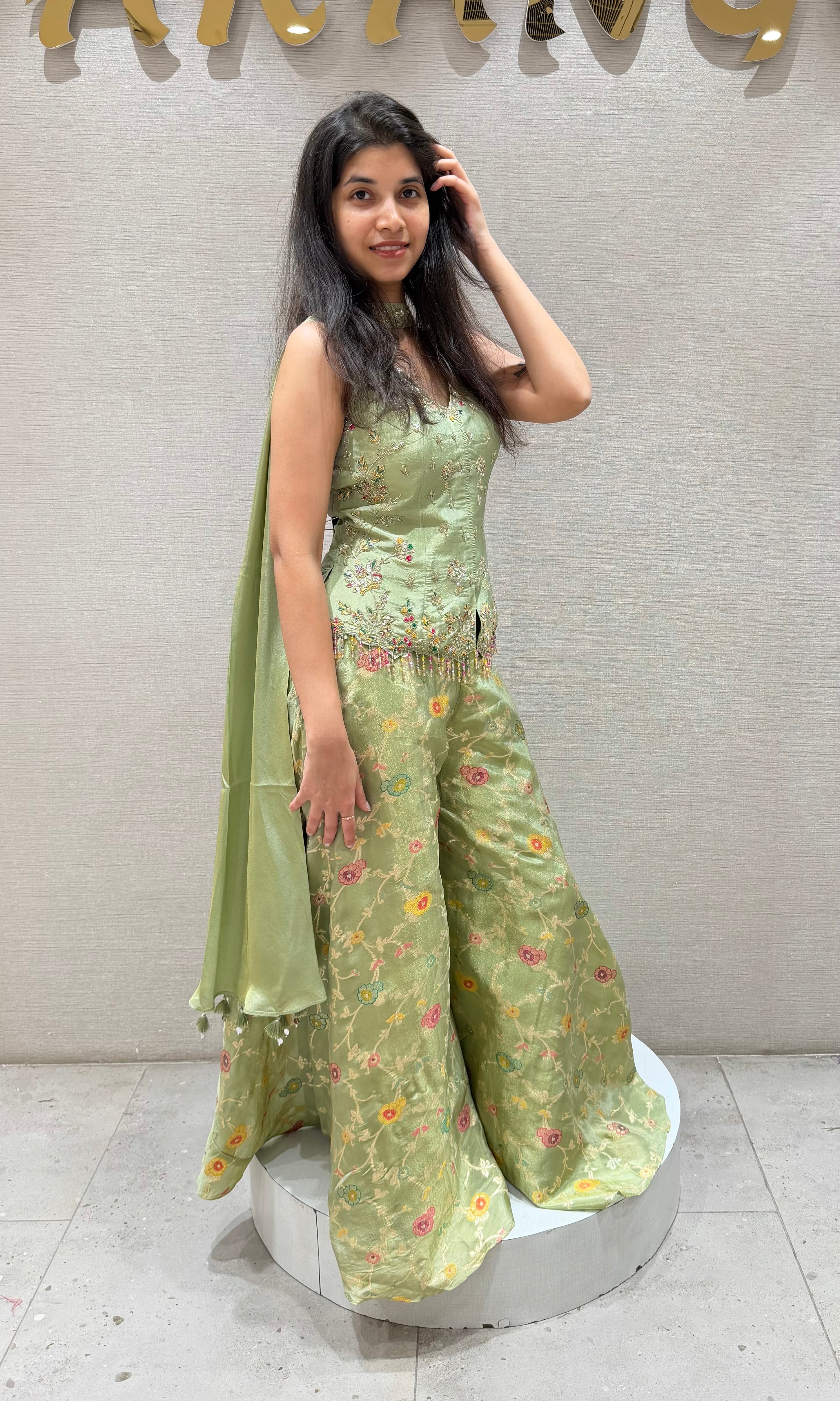 Pista green FLORAL EMBROIDERED PALAZZO SET