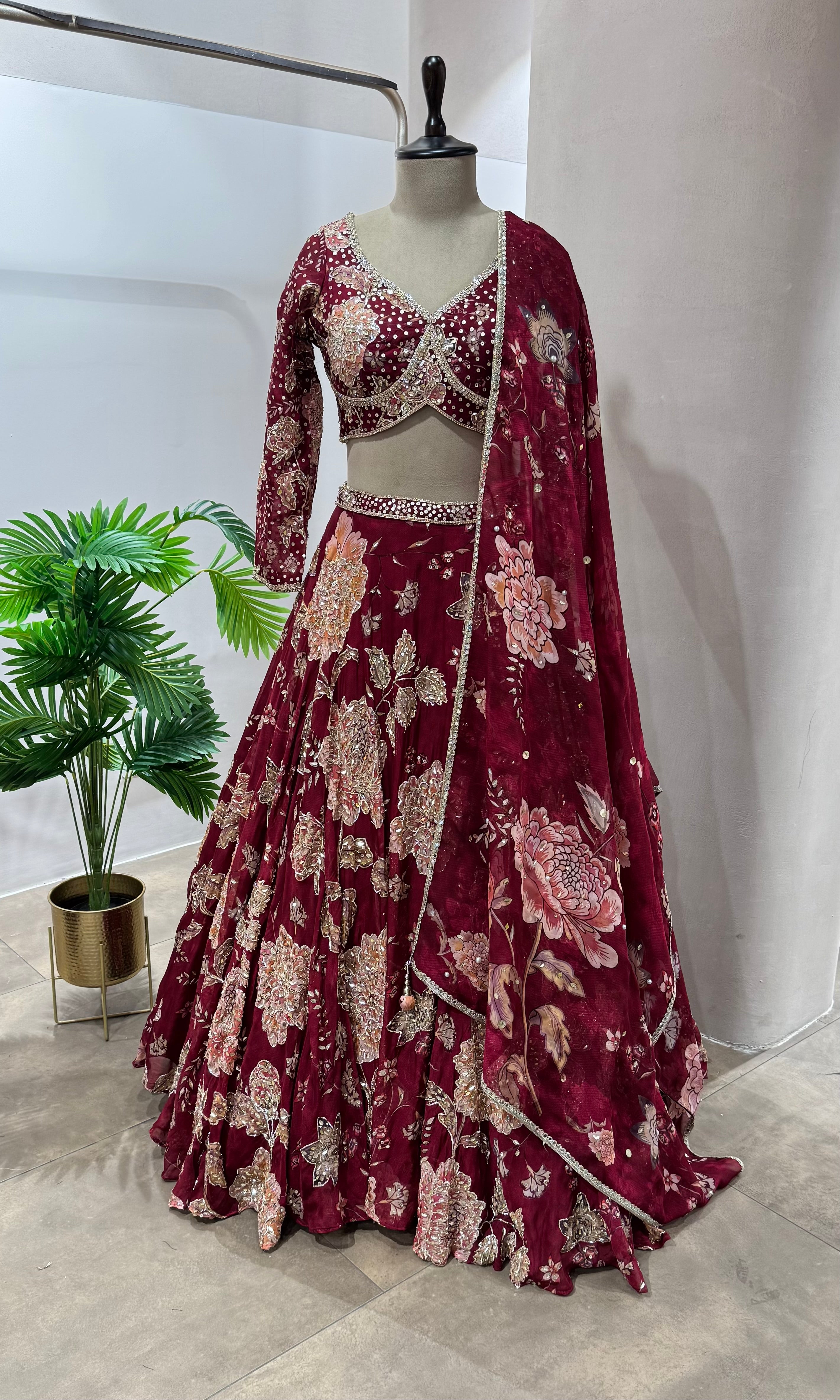 Maroon FLORAL EMBELLISHED lehenga