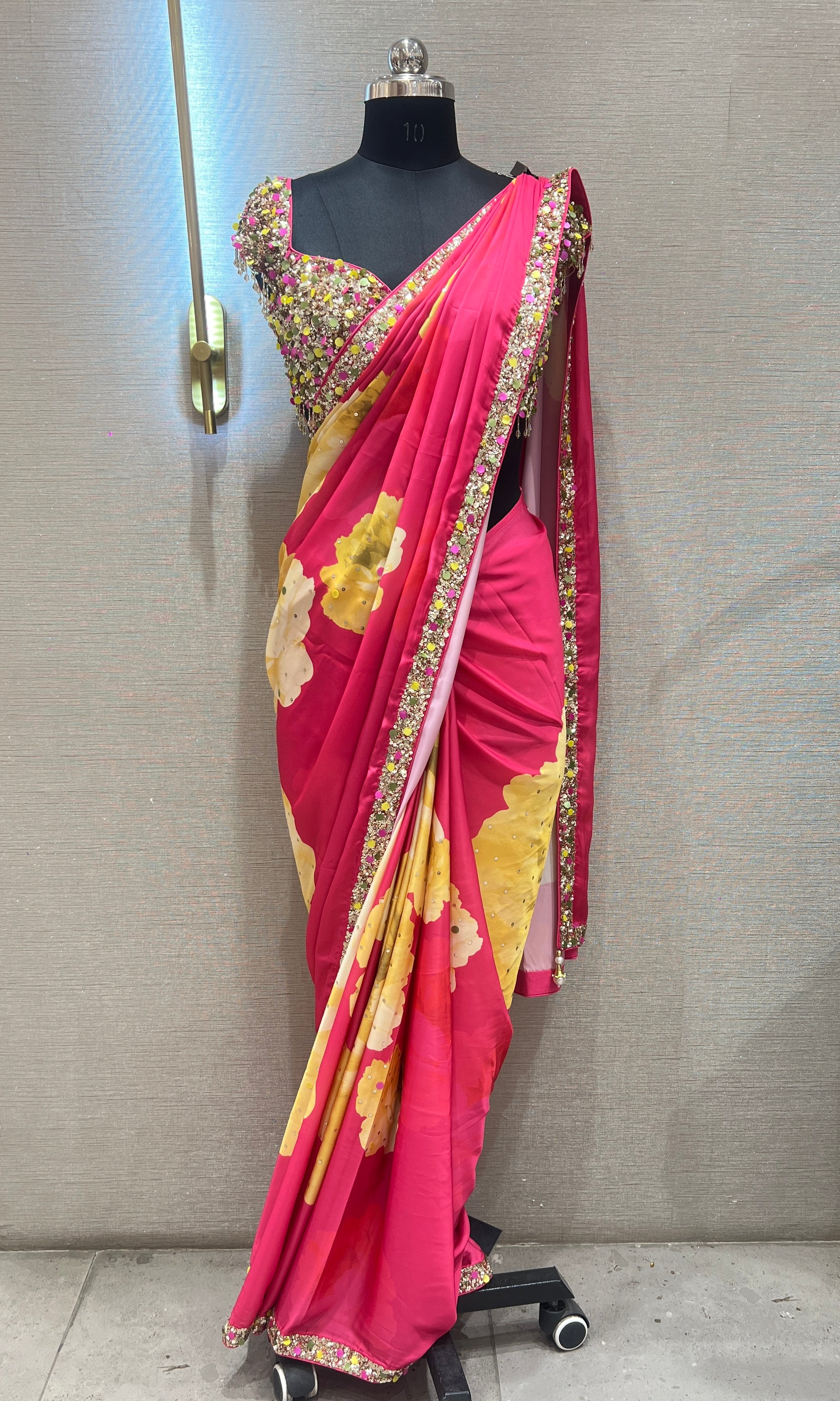 Pink Floral Saree WITH EMBROIDERED BLOUSE