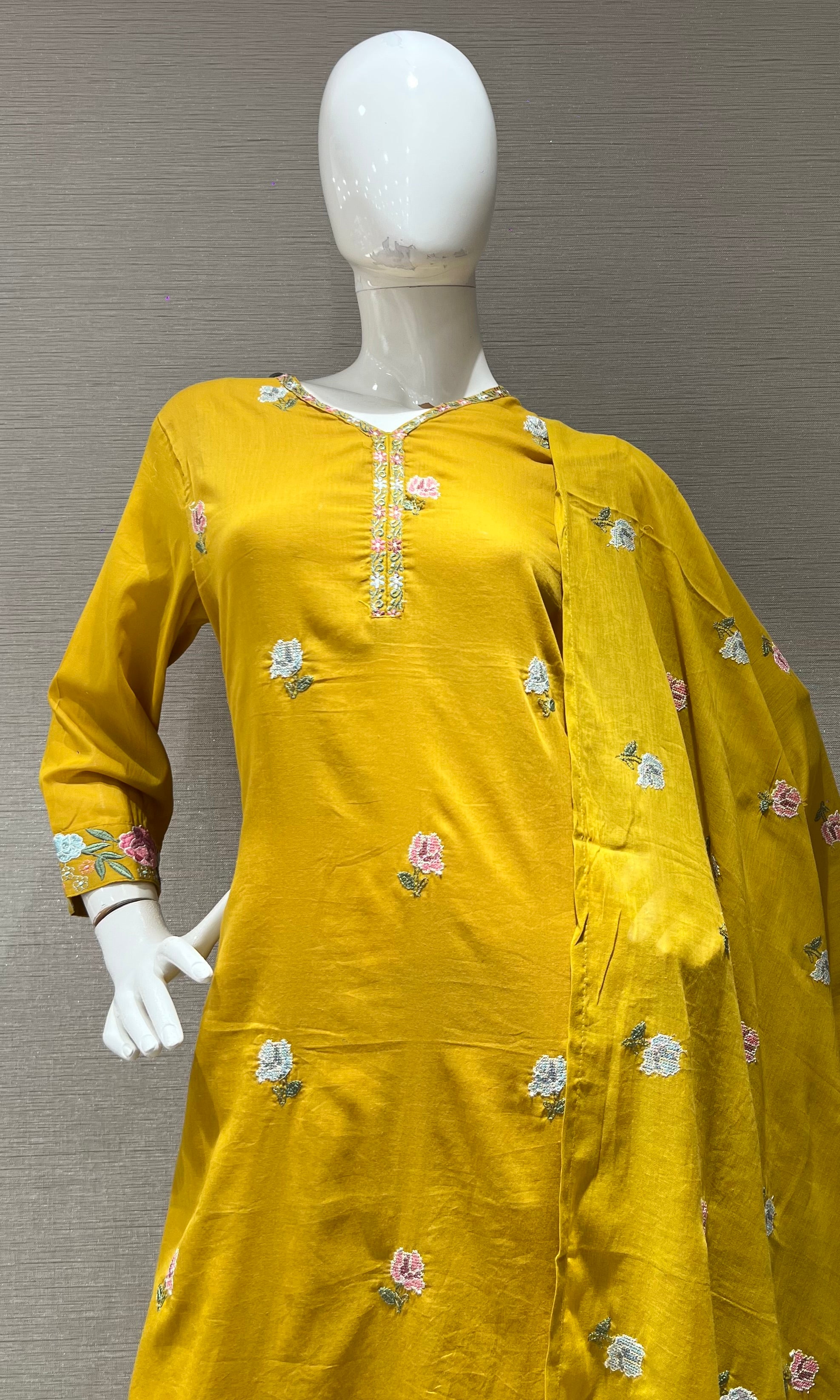 Yellow Floral Embroidered Kurta set with Dupatta