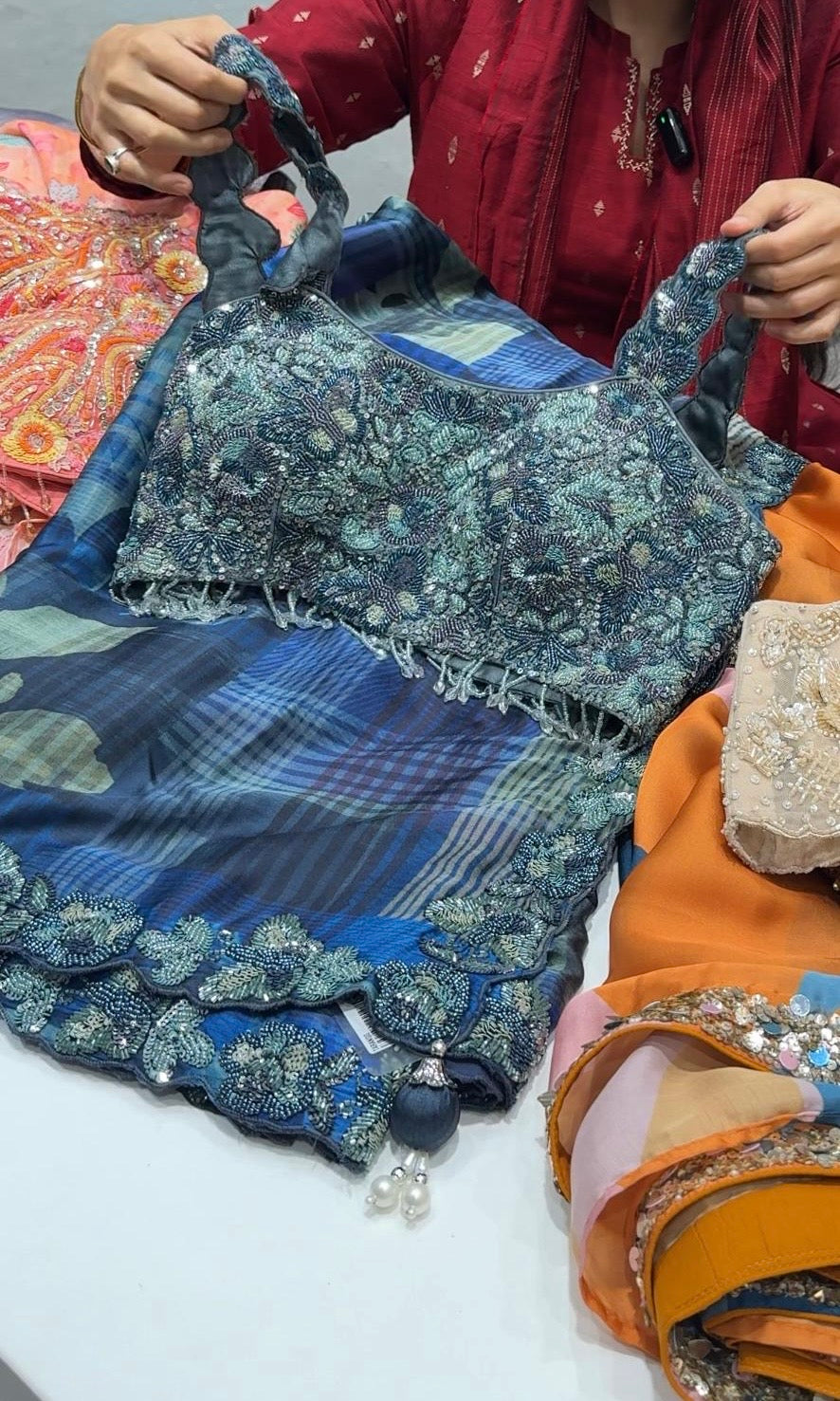 Navy blue FLORAL saree with ready blouse