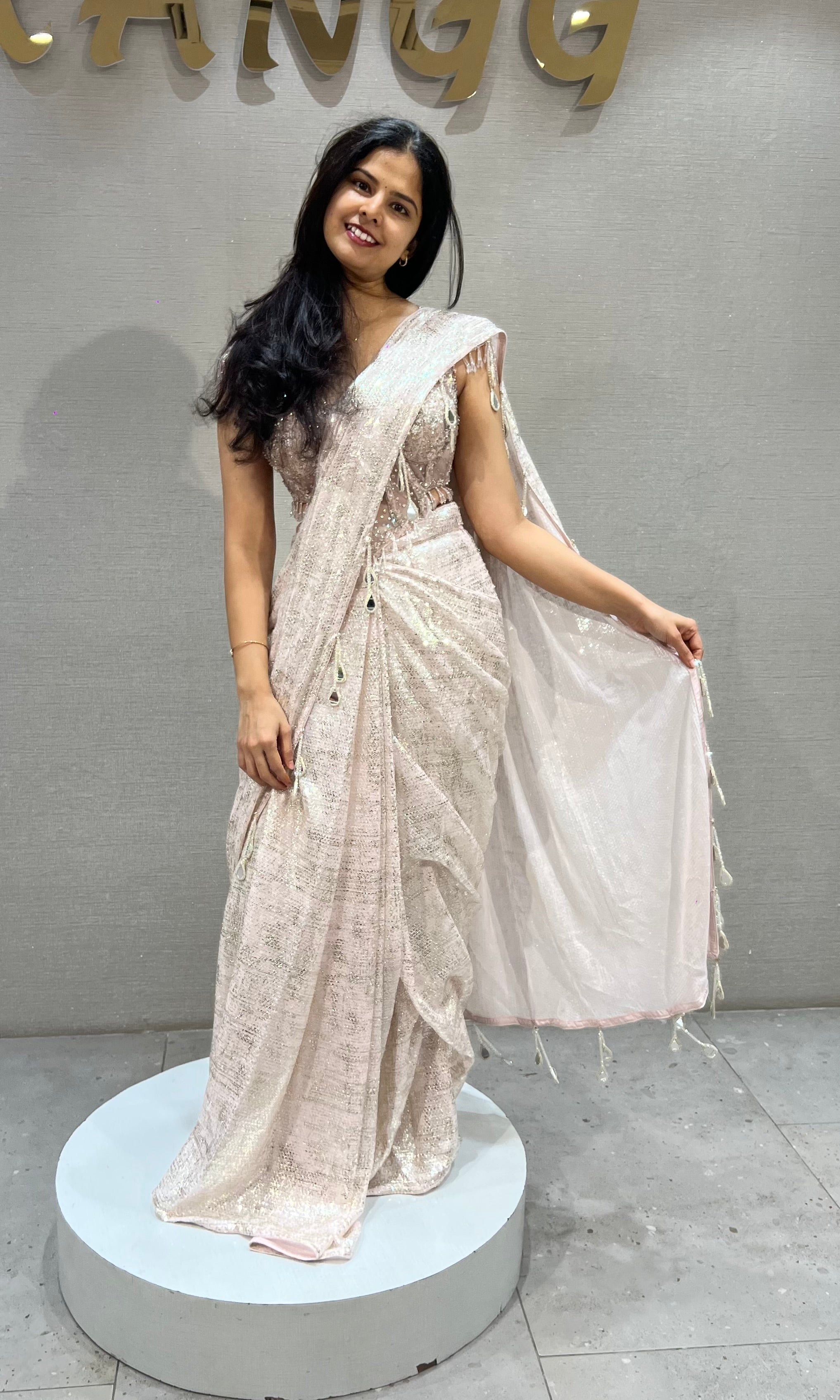 Baby Pink Floral Saree with Embellished Blouse