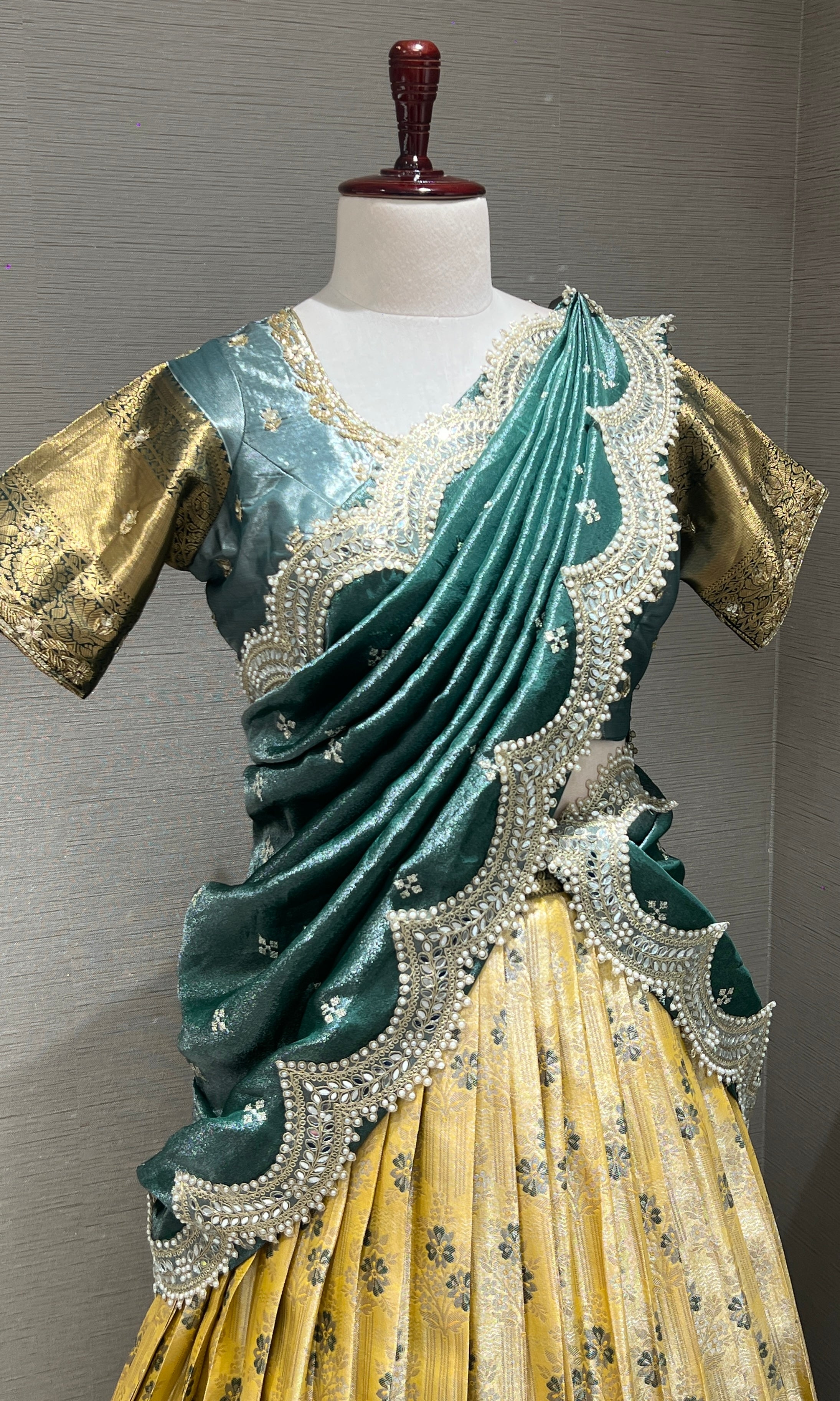 Green AND YELLOW FLORAL BANARASI LEHENGA