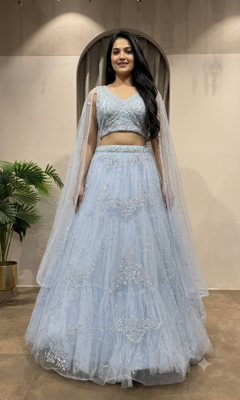blue floral embroidered netted crop top lehenga